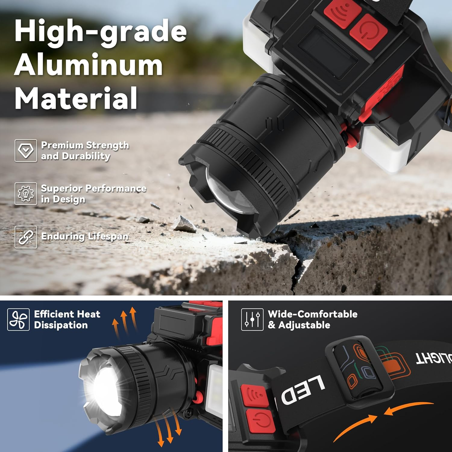 LED Head Torch with Motion Sensor, Super Bright Headlamp with 10 Modes, 3600Mah Battery Flashlight, USB Rechargeable Camping Light Zoomable for Camping, Hiking, Outdoors, Hunting, Running-2 Pack - 2 Pack image number 6