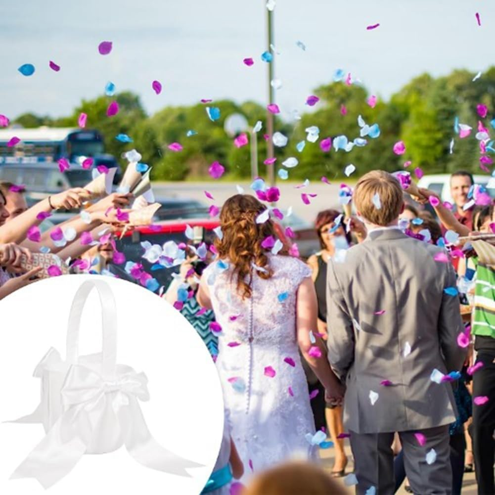 Veumoie 2 Piece White Flower Girl Basket Wedding Basket for Flower Cute Satin Flower Girl Basket