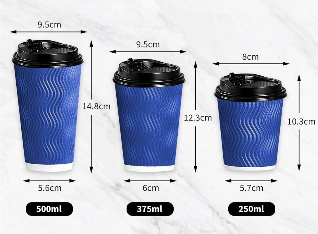 Vivva 12Oz 100 Pack Ripple Wall Paper Cups, Disposable Coffee Cups with Lids, to Go Paper Coffee Cups for Hot/Cold Beverages, Tea, Hot Chocolate, Juice. Ideal for Home, Restaurant, and Cafe (Blue) - Black - 8Oz image number 4