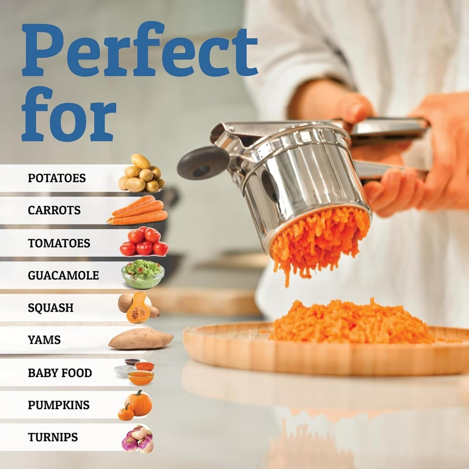 Potato Ricer, Heavy Duty Potato Masher with 3 Interchangeable Discs, Potato Ricer Stainless Steel for Fluffy Mashed Potato, Potato Press, Fruit Juicer, Food Press Squeezer Too 15Oz image number 6