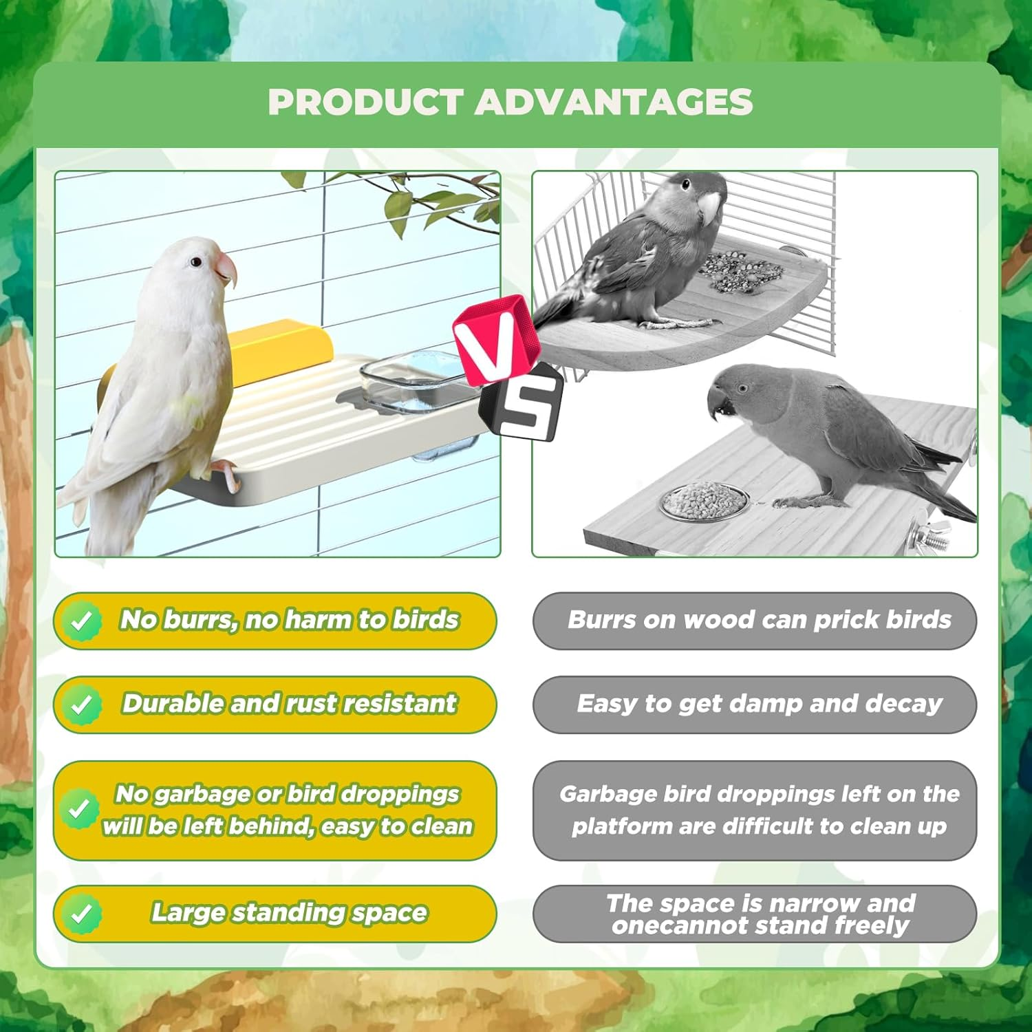 SUSOO Bird Perch Platform with Feeding Cup, Easy Clean Birds Stand for Pet Cage Accessories for Parrots, Parakeet, Budgie, Conure,Love Birds & Cockatiel,Stick-On Window Bird Feeder for Interaction Toy image number 2