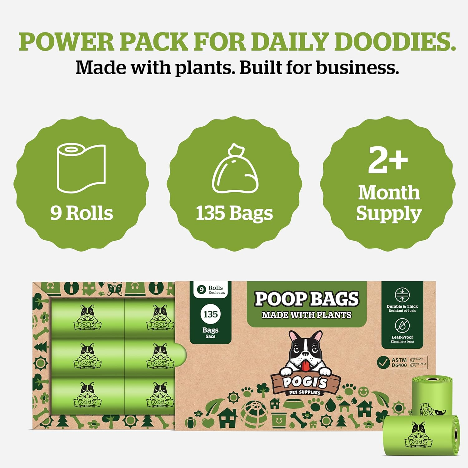 Pogi'S Compostable Dog Poop Bags - 9 Rolls (135 Bags) - Leak-Proof, Extra-Large, Plant-Based, ASTM D6400, EN 13432 Certified Poop Bags for Dogs image number 5