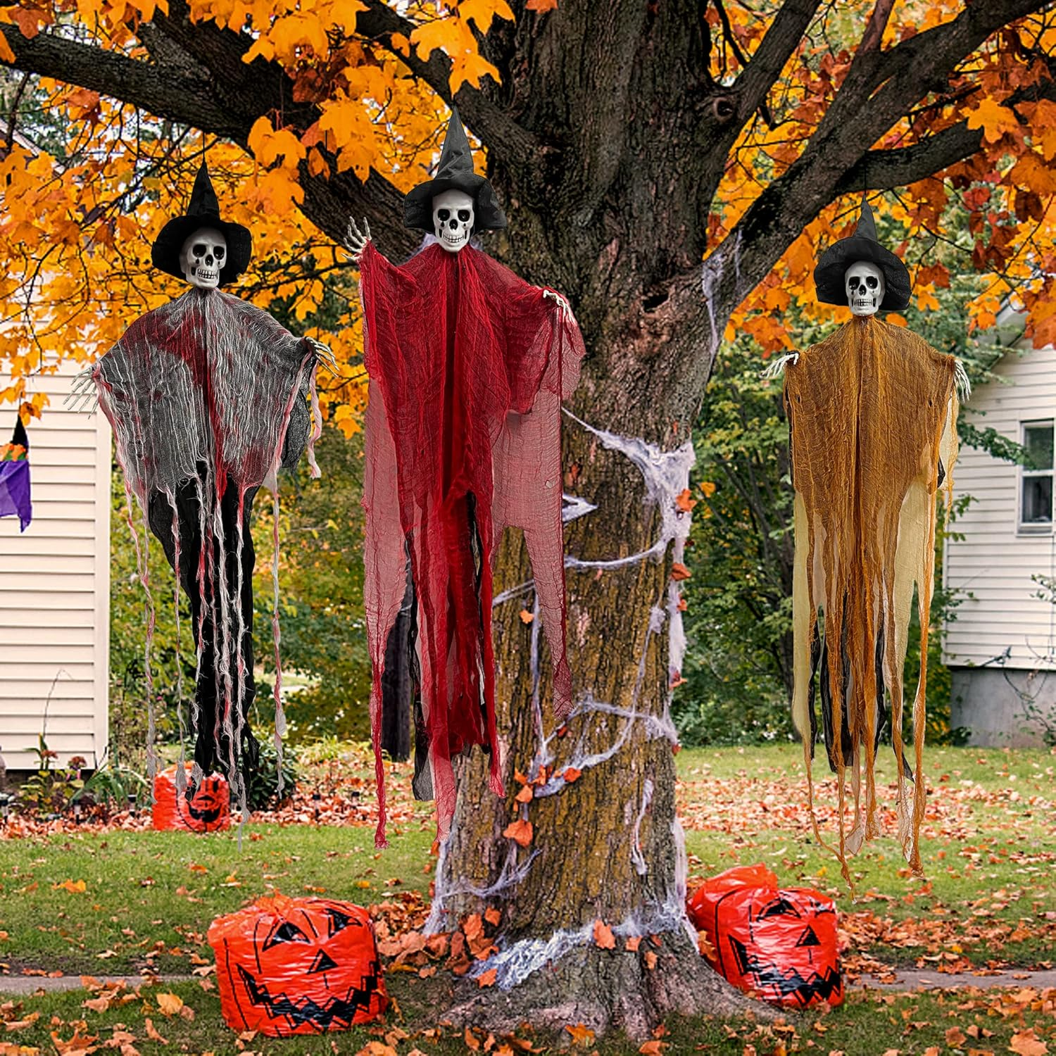 3 Pack Halloween Hanging Grim Reapers, 47" Hanging Ghost Decorations with Hat for Halloween Indoor/Outdoor Haunted House Prop Decor image number 2