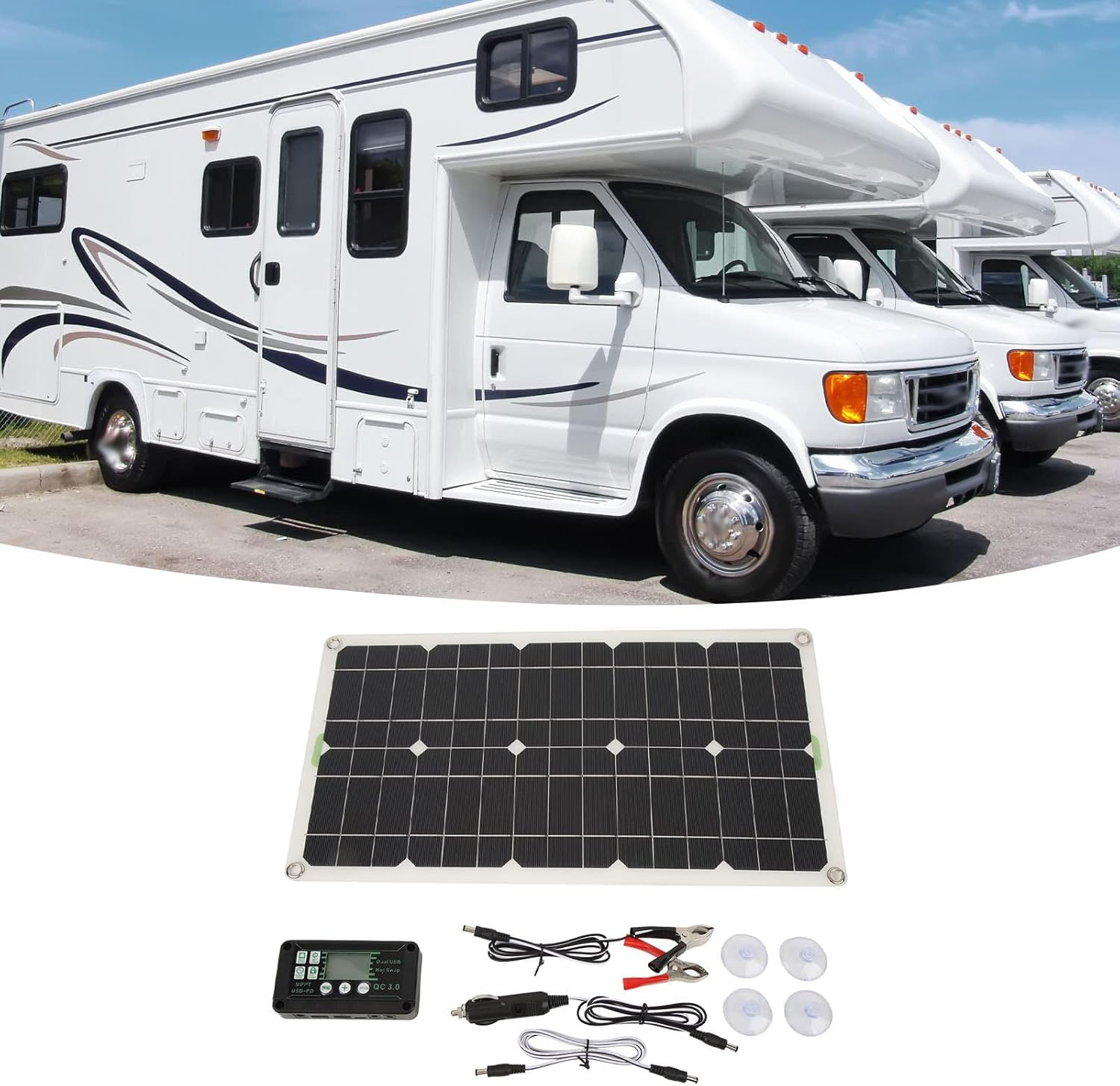 Solar Panel Kit, 250W 12V 24V Portable Monocrystalline Solar Panel with 30A Controller, Dual USB Interface for RV Home Camping, Outdoor Solar Panel System, Emergency Power Supply image number 5