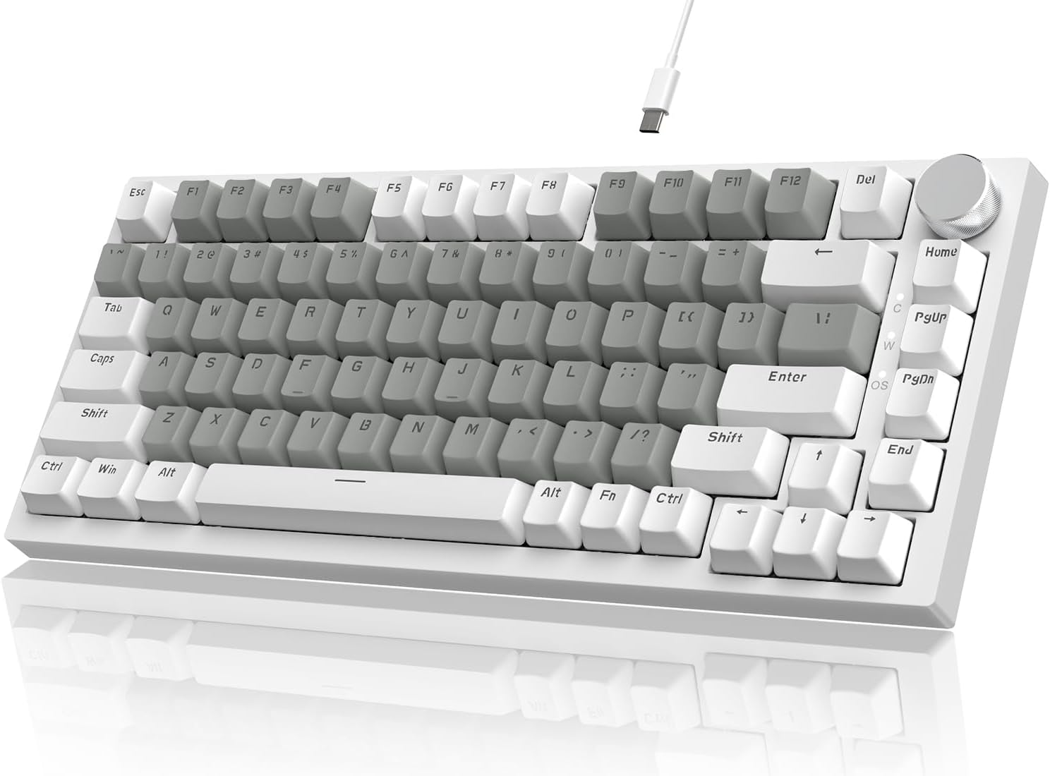 YINDIAO AK820 Mechanical Keyboard with CNC Knob Control,75% ANSI Layout,82Keys Gasket Mount Wired Gaming Keyboard,5 Sound Absorbing Foam,Hot-Swappable,White Backlit,For PC,MAC (Grey&White)