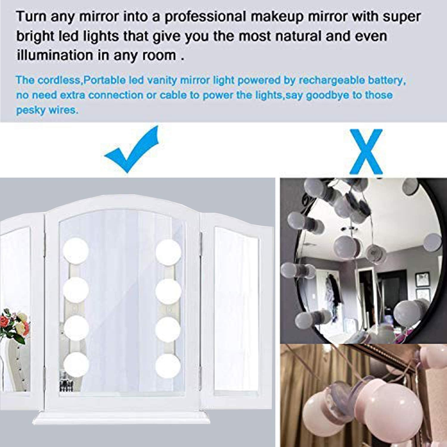 Portable LED Vanity Mirror Lights, 2000Mah Rechargeable Makeup Mirror Lights with 4 LED Bulbs,Simulated Daylight for Bathroom Makeup Dressing Table Lights,Kitchen Lights,Wardrobe Lights image number 5
