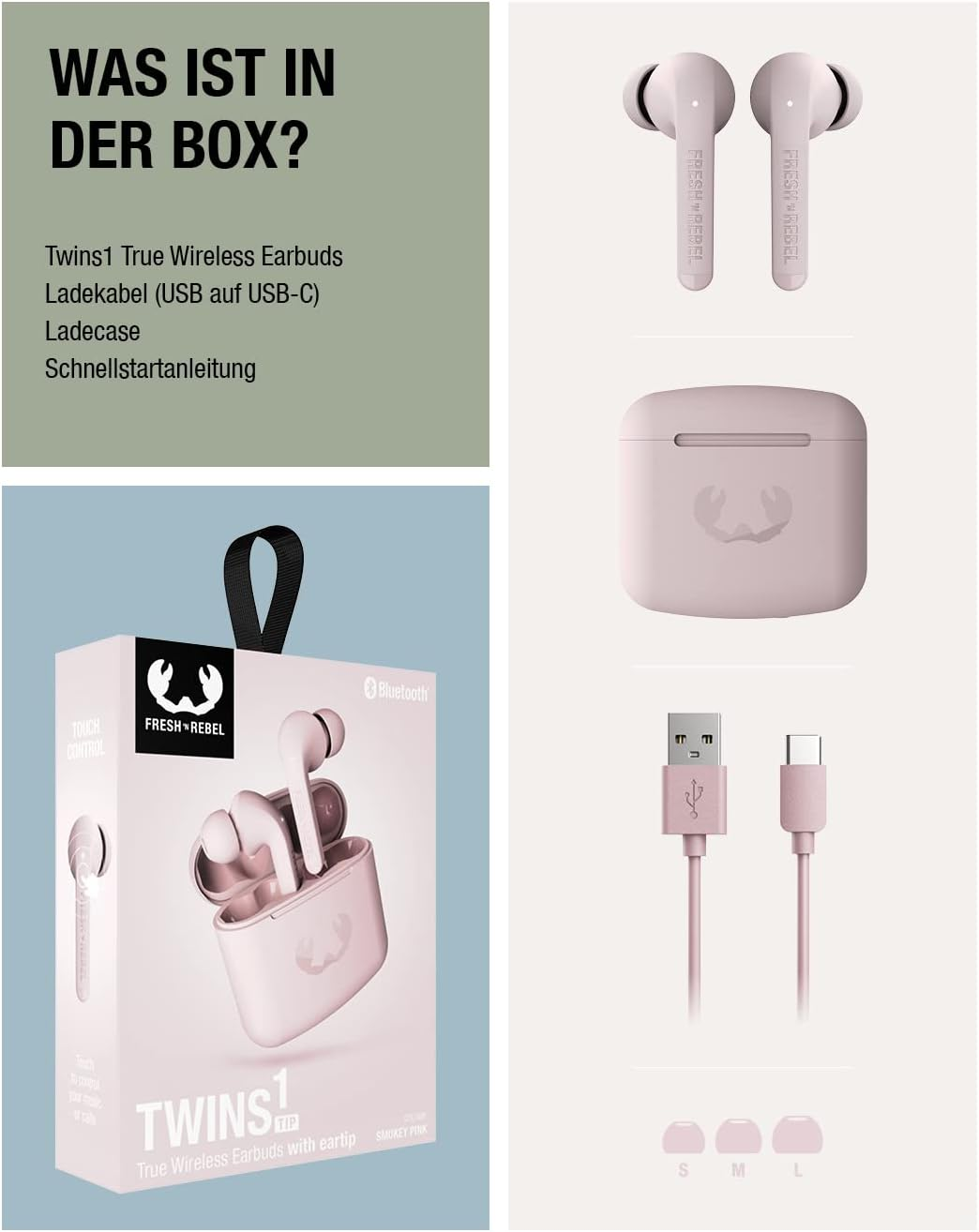 Fresh 'N Rebel True Wireless Earbuds with 24 Hours Playtime, Touch Control and Voice Assistant (Twins 1 Tip, Smokey Pink) image number 5