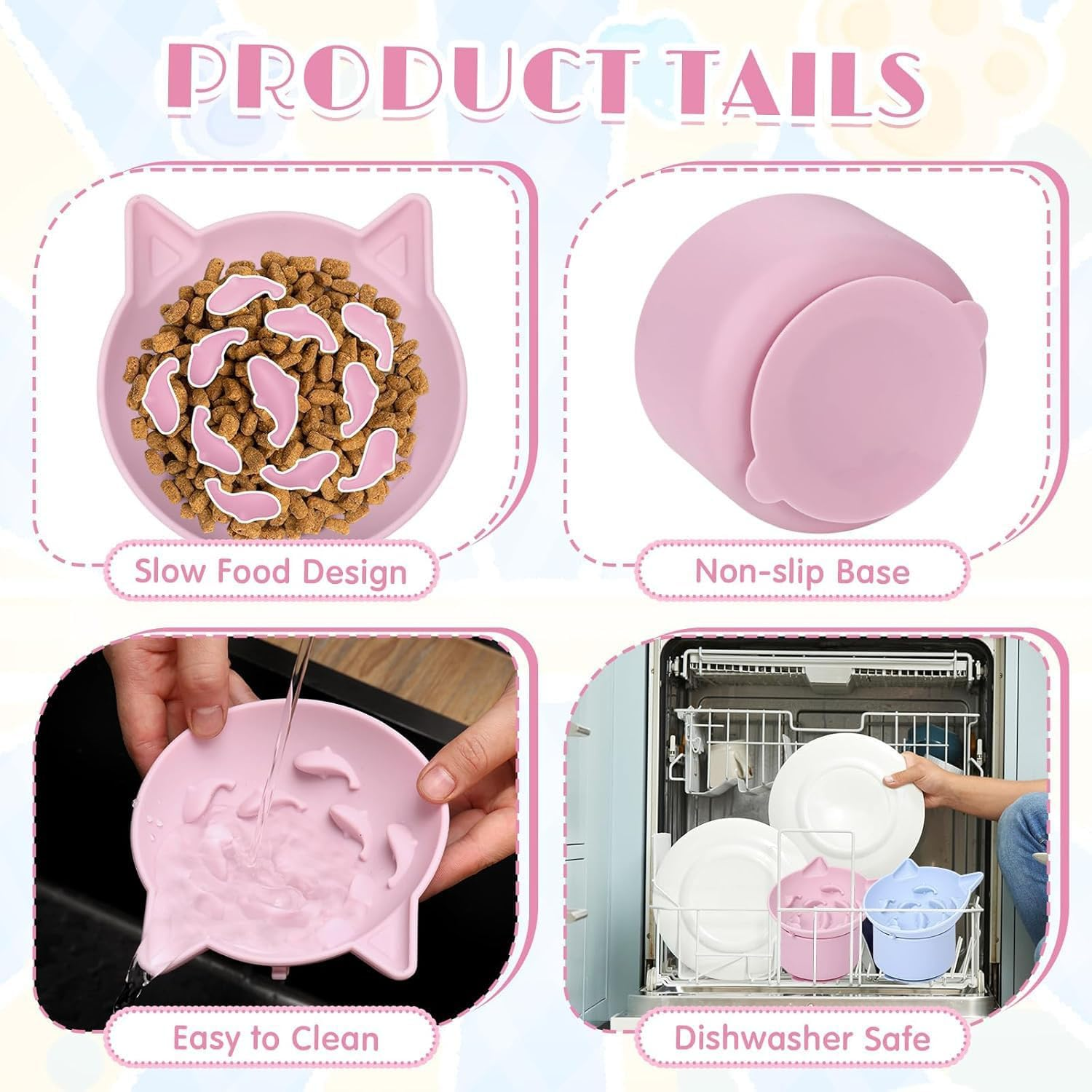 2 Pack Slow Feeder Cat Bowls &ndash; Elevated Tilted Silicone Pet Bowls Adjustable Angle (15&deg;/30&deg;), Dishwasher Safe &ndash; Pink & Blue (Healthy Eating, Vomit Prevention) ﻿ image number 3