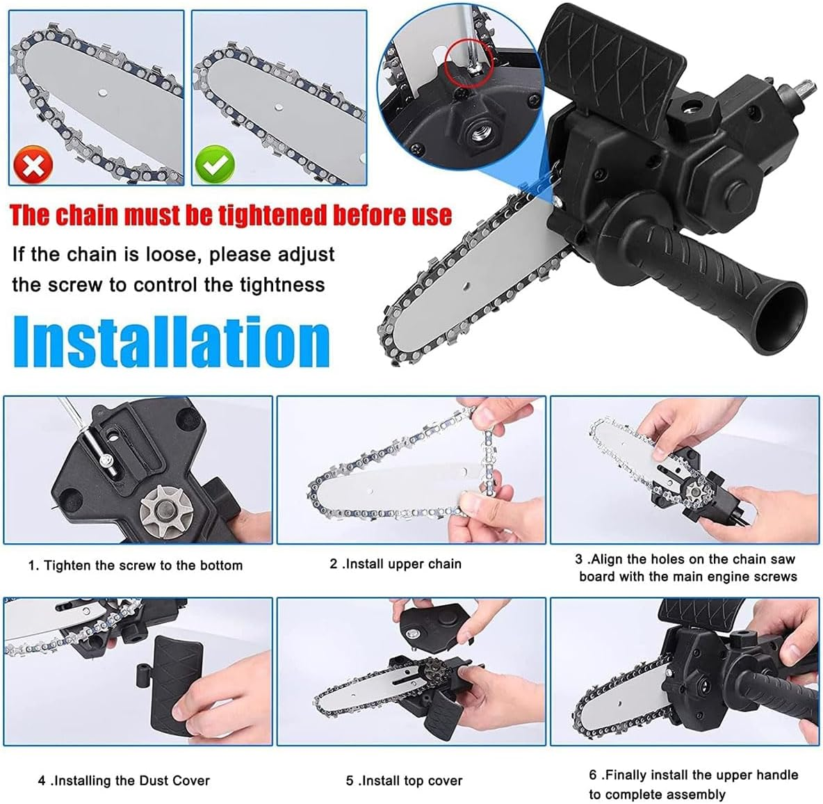 AIMALL 4/6 Inch Electric Drill to Chain Saw Converter, Handheld Mini Logging Saw Conversion Head, Adjustable Handle, for Garden & Household Use image number 6