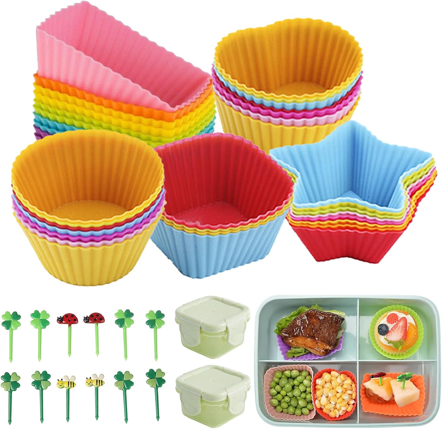 Silicone Cupcake Liners,50 Muffin Liners with 12 Food Picks for Kids and 2 Salad Dressing Container,5 Shapes Lunch Box Bento Dividers for Bento Box Accessories,Baking image number 1