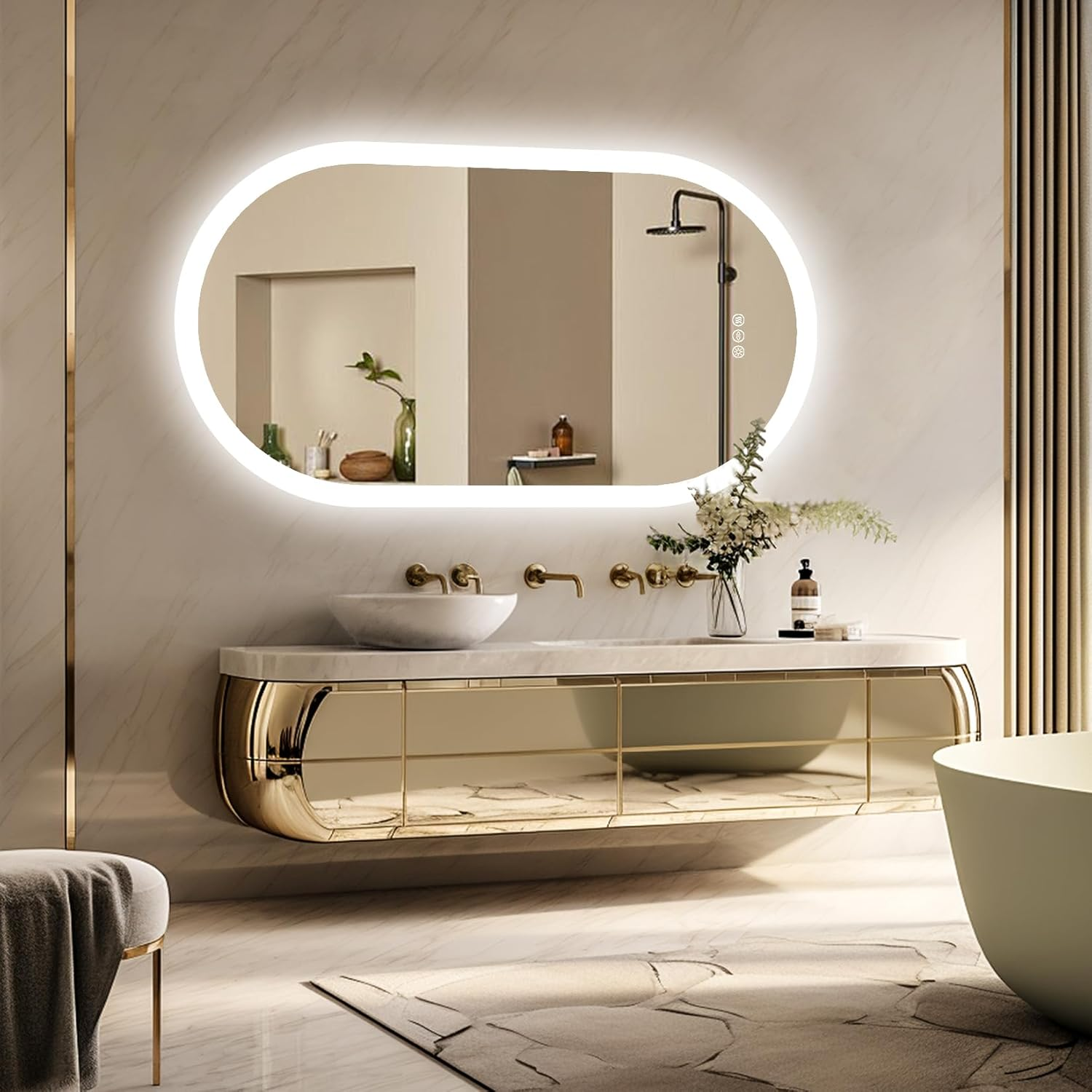 LUVODI Oval LED Bathroom Mirror: 600X1200Mm Wall Lighted Vanity Mirrors with Anti-Fog 3 Colors Dimmable Lighting Smart Switch Memory Function Plug-In Makeup Mirror Vertical or Horizontal
