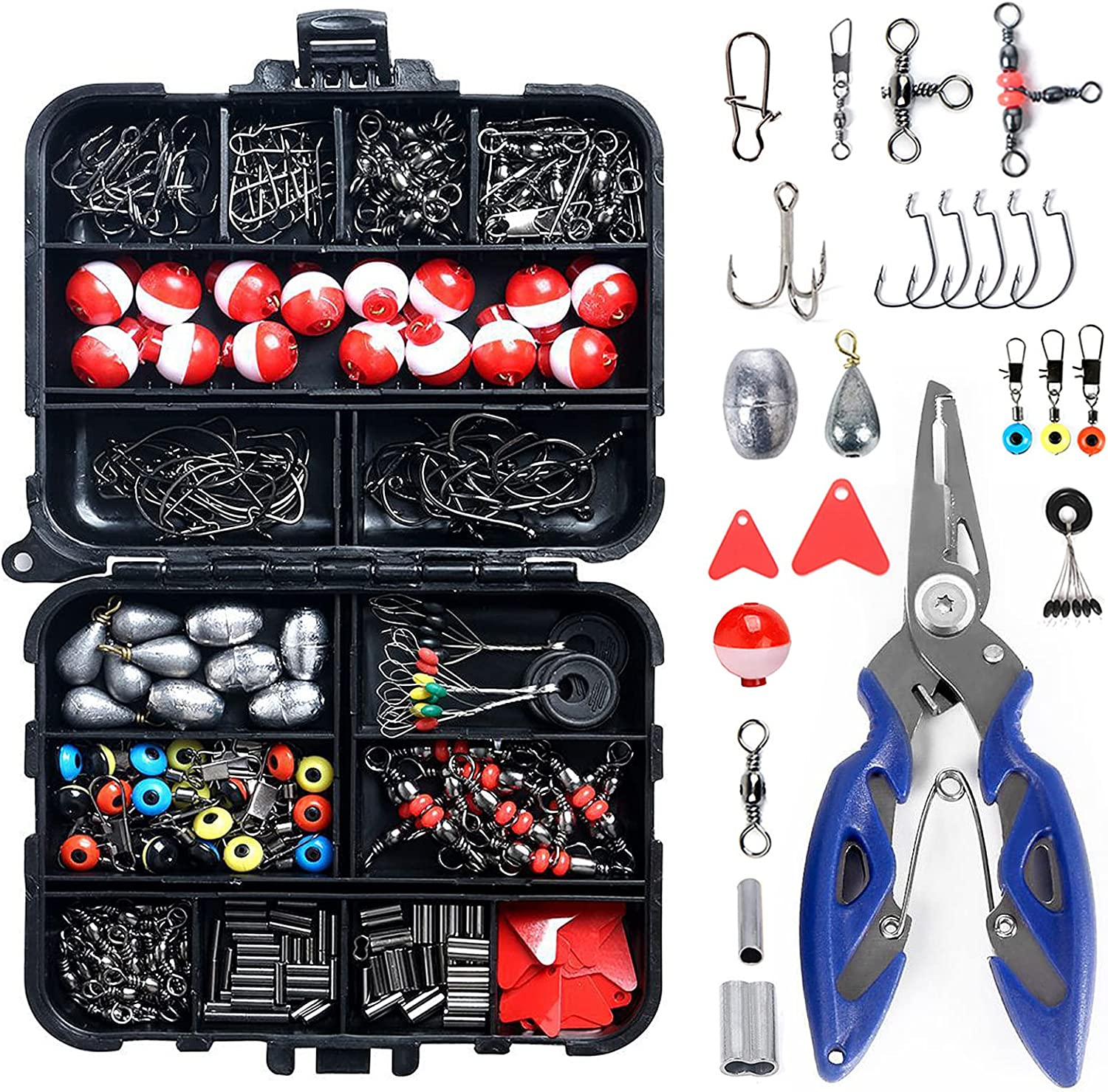 Eacam 263Pcs Fishing Accessories Kits with Tackle Box Saltwater Freshwater Including Jig Hooks, Cross Barrel Swivel, Barrel Snap Swivel, Sinker Slides, Lead Sinker, Treble Hooks