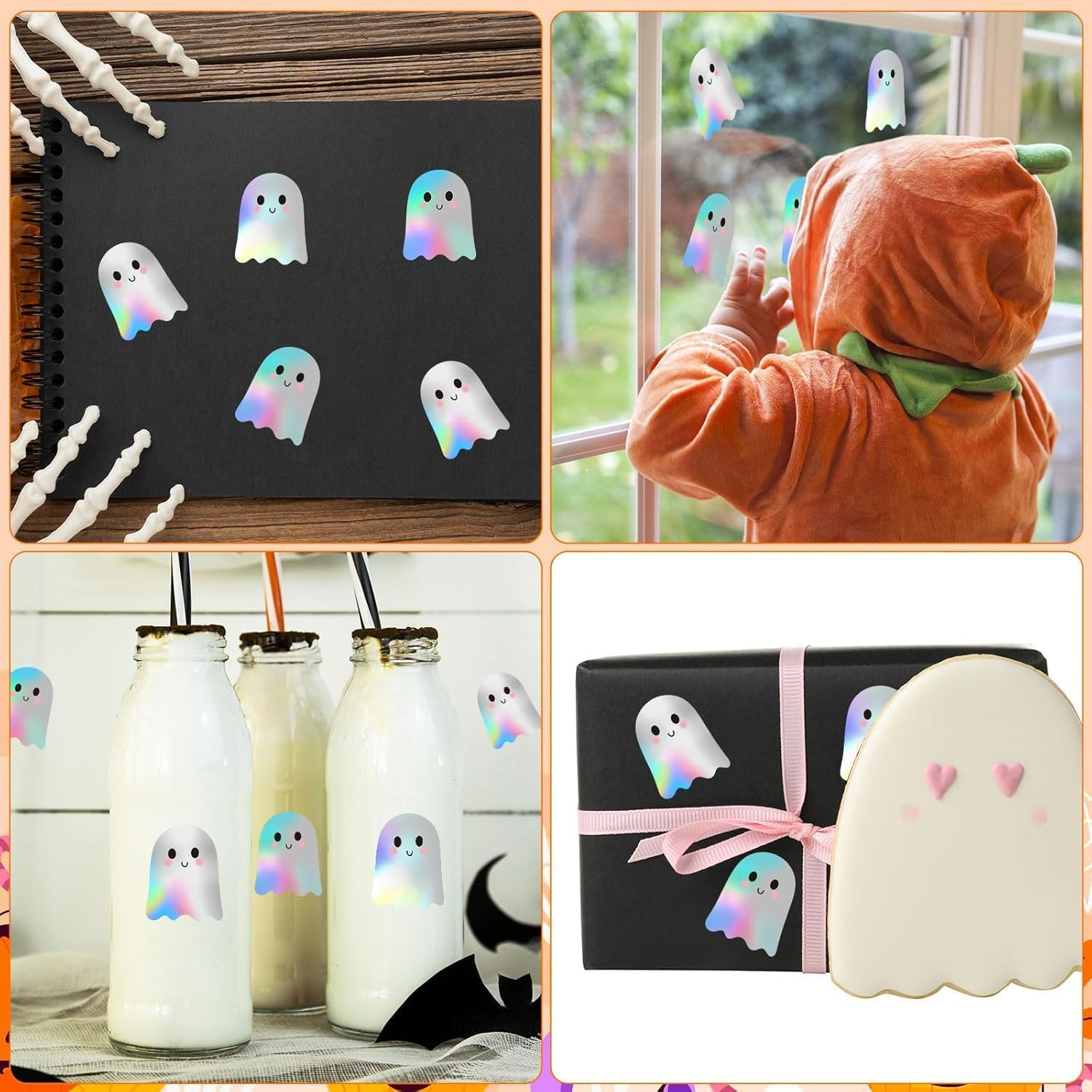 500Pcs Halloween Pholographic Ghost Stickers Rolls, 1.2" Laser Cute Boo Ghost Self-Adhesive Stickers,Waterproof Self-Adhesive Sticker Decals for Halloween Party/Gift Decor - Orange image number 4