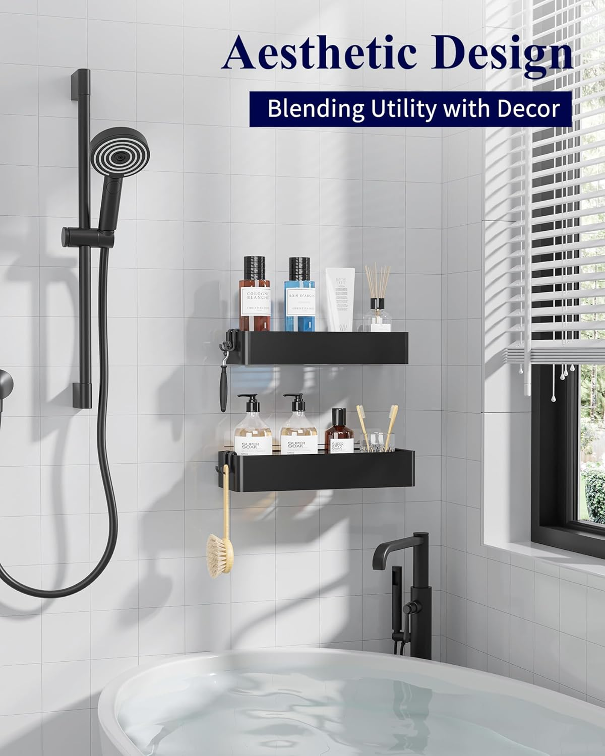 Kitsure Large Shower Caddy - 2 Pack Adhesive Shower Shelf, No Drill Bath Caddy for Bathroom Storage, Rustproof Bathroom Organiser, 11.7 X 29.9 X 5.5 Cm, Black - White image number 6