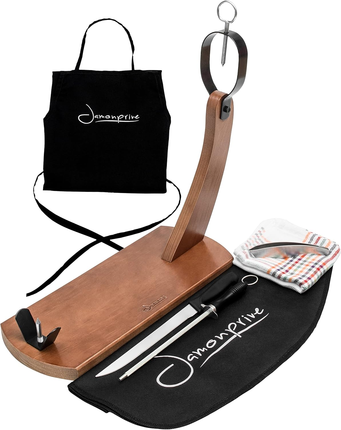 Jamonprive Professional Ham Stand Lacquered with Ham Knife + Sharpening Steel + Ham Cover + Kitchen Cloth + Apron + Tongs - Ham Holder Ideal for Serrano Ham, Iberico Ham and Italian Prosciutto -