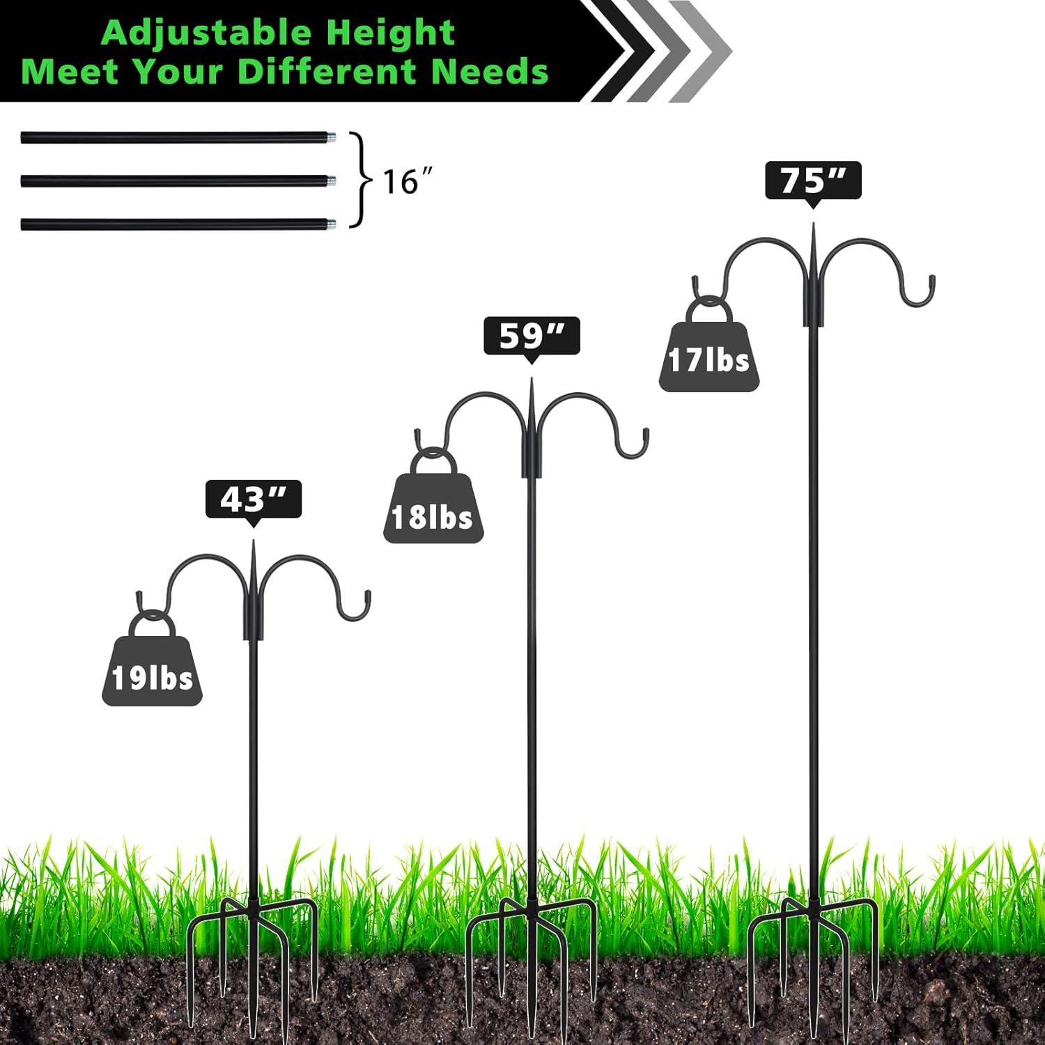 FEED GARDEN Adjustable Double Shepherd Hook for Outdoor with 5 Prong Base 75 Inch Heavy Duty Two Sided Bird Feeder Pole for Hanging Plant Baskets, Solar Light Lanterns, Wind Chimes 2 Pack image number 4