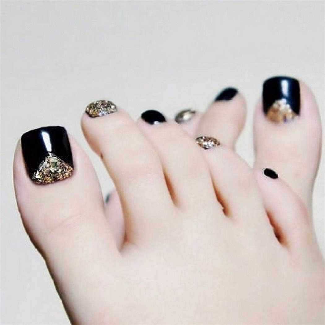 Mosako Glitter Sequins Press on Toenails Short Square Fake Toenail Sparkle Paillette Glossy False Toenail Full Cover Toe Nail Tips Designer Fancy Feet Nails Manicure for Women and Girls 24Pcs (Black-1) image number 6