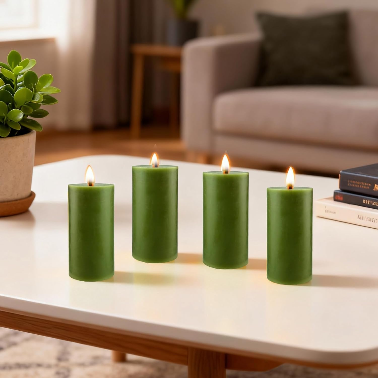 Pack of 4 Pillar Candles, Green Height 10 Cm, Diameter 5 Cm, Long Burning Time, Candle Set, Pillar Candles, Decorative Table Candles, Christmas Candles for Household, Celebrations and Catering image number 4