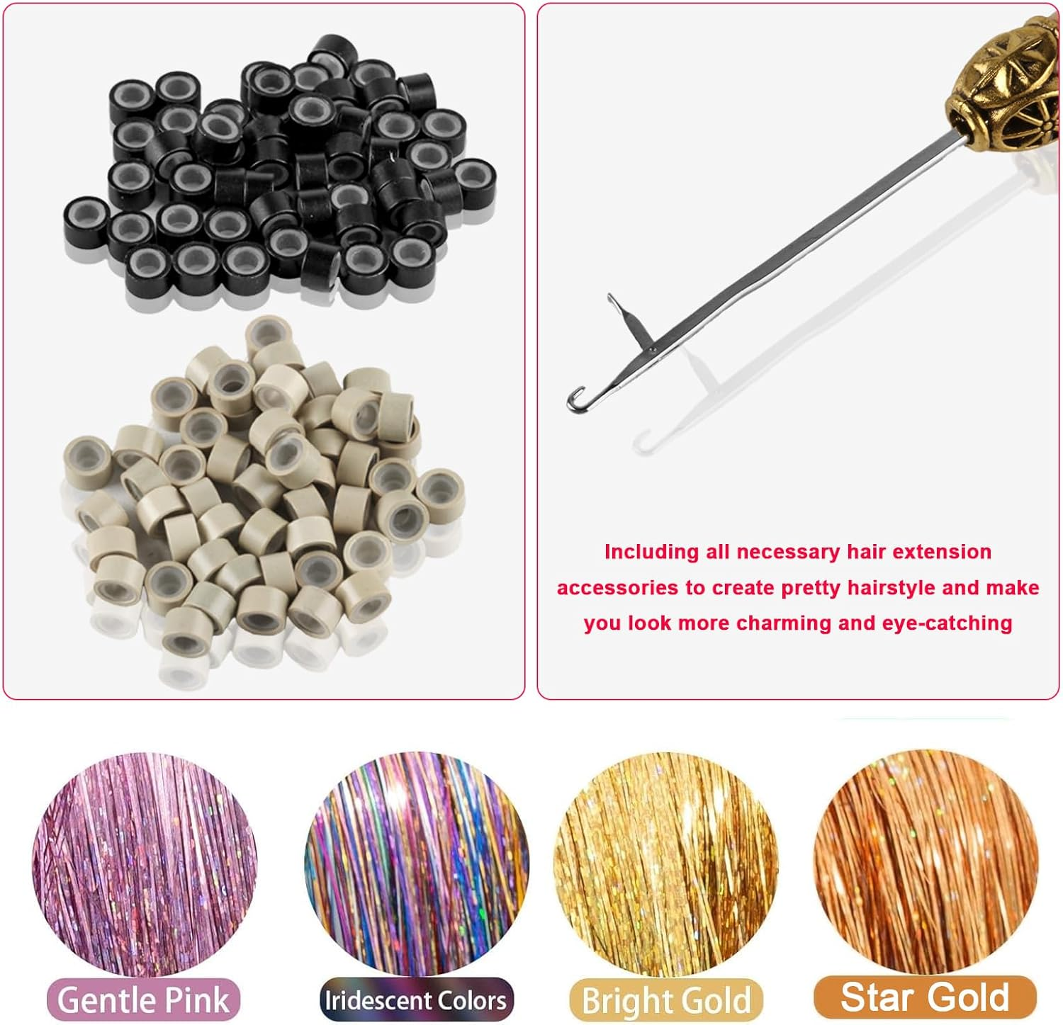 Tinsel Hair Tinsel, 90 Cm Hair Tinsel, 800 Strands Hair Strands for Braiding, Hair Extensions with Accessories, Hair Glitter Strands, Hair Nanoring Extensions, Micro Ring Extensions Accessories image number 3