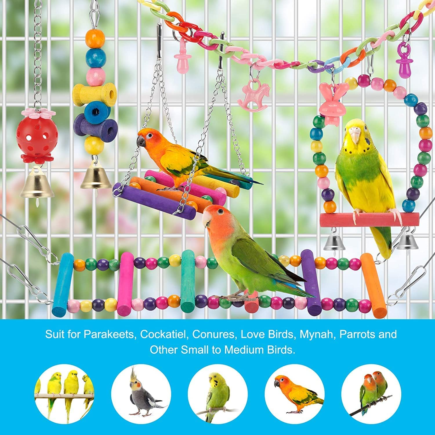 KAPASKI Bird Toys, 11 Pcs Swing Hanging Standing Chewing Toy Hammock Climbing Ladder, Colorful, Suitable for Budgerigar, Parakeet, Conure, Cockatiel, Mynah, Love Birds, Finches