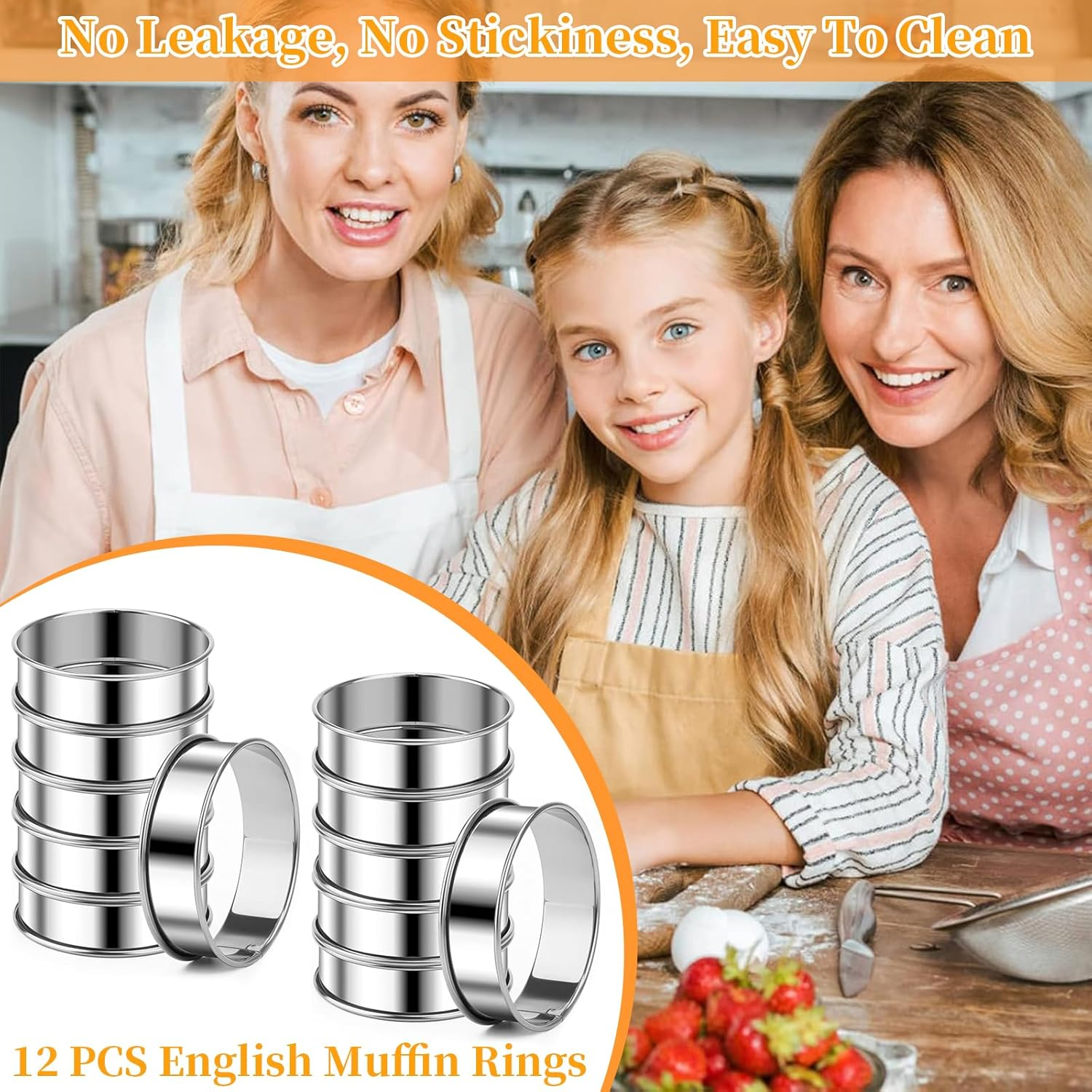 12 PCS English Muffin Rings, Stainless Steel Crumpet Rings, Nonstick Metal round Ring Muffins Molds, Double Rolled Tart Muffin Ring for Home Baking Fluffy Eggs Pancakes Pastry (10.5CM) image number 2