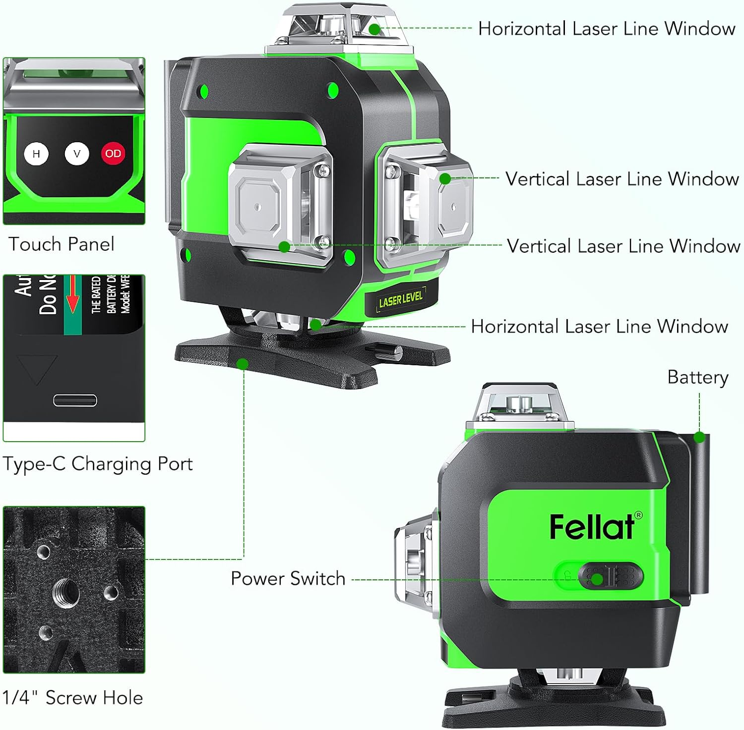 Cross Line Laser 4 X 360&deg; Cross Line Laser Green Self-Levelling Laser Spirit Level 16 Line Laser Rotation Laser with 2 X 4000 Mah Rechargeable Batteries and Remote Control image number 3