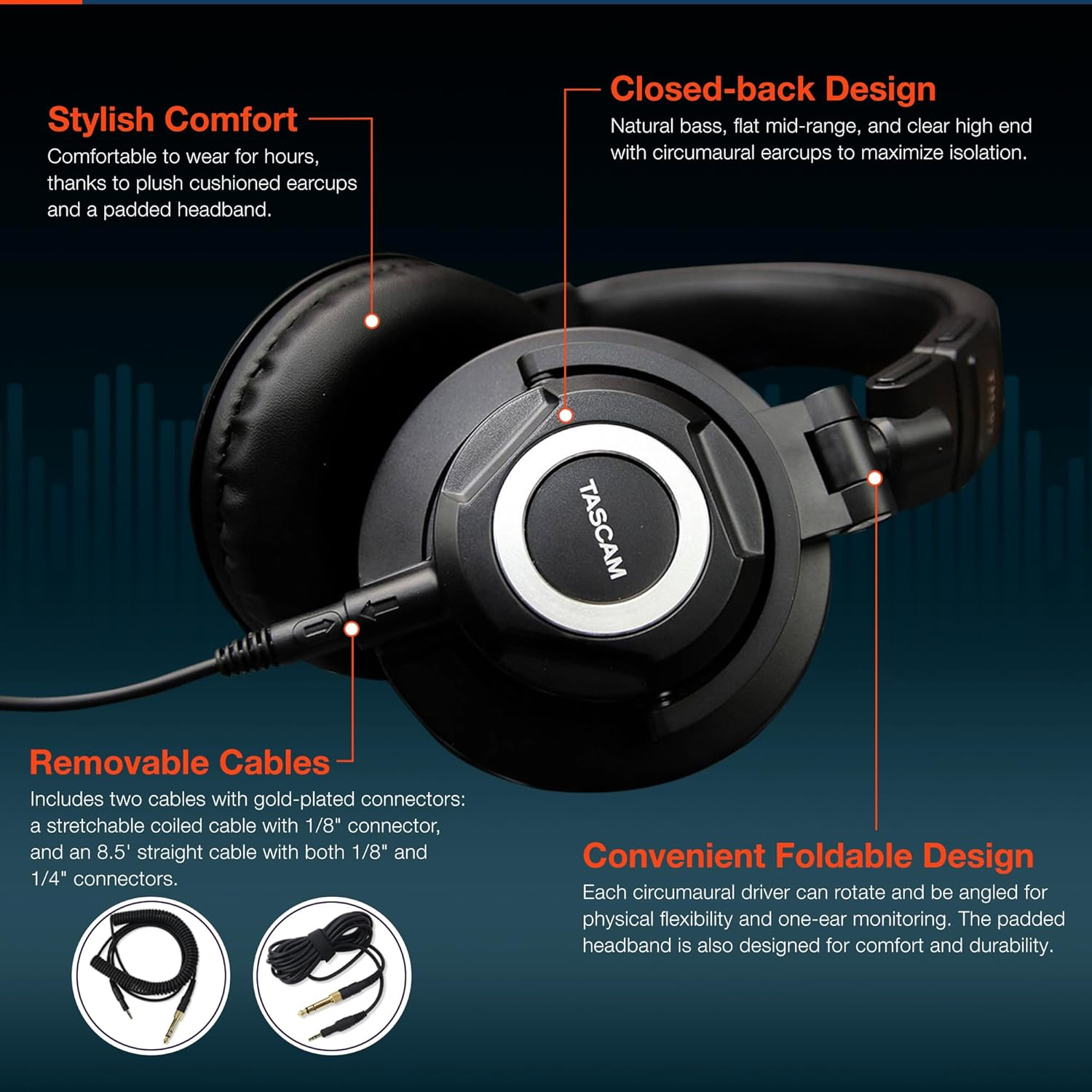 Tascam TH-07 High Definition Studio Monitor Headphones, Black image number 1