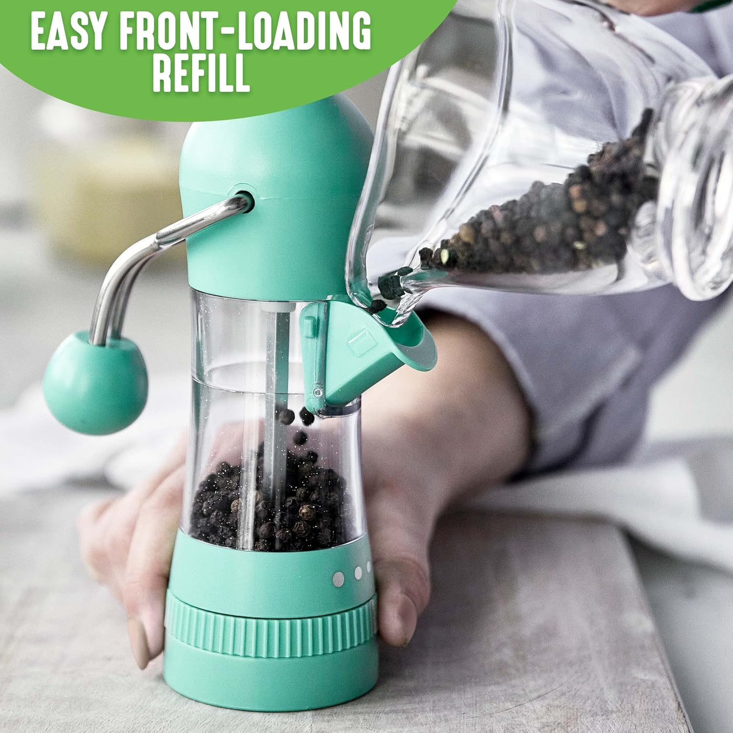 Greenlife Salt and Pepper Grinder, Mess-Free Ratchet Mill, Adjustable Coarseness and Easily Refillable, Turquoise image number 4