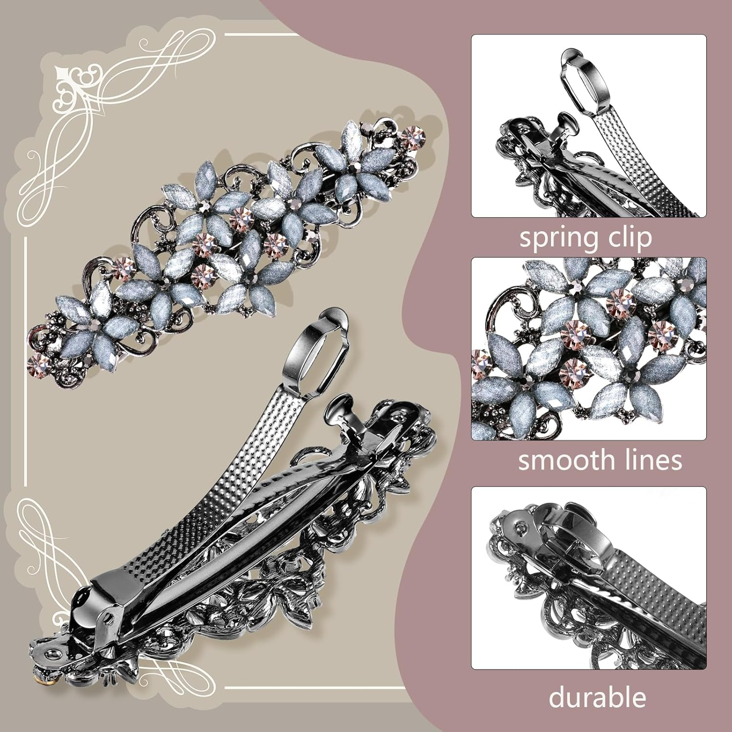 Teaaha Pack of 2 Elegant Hair Clips Women Girls Hair Clip with Crystal Flower Clip Glitter Exquisite Hair Accessories French Style Vintage Hair Accessories (Pink and Blue/Black and Blue) image number 1