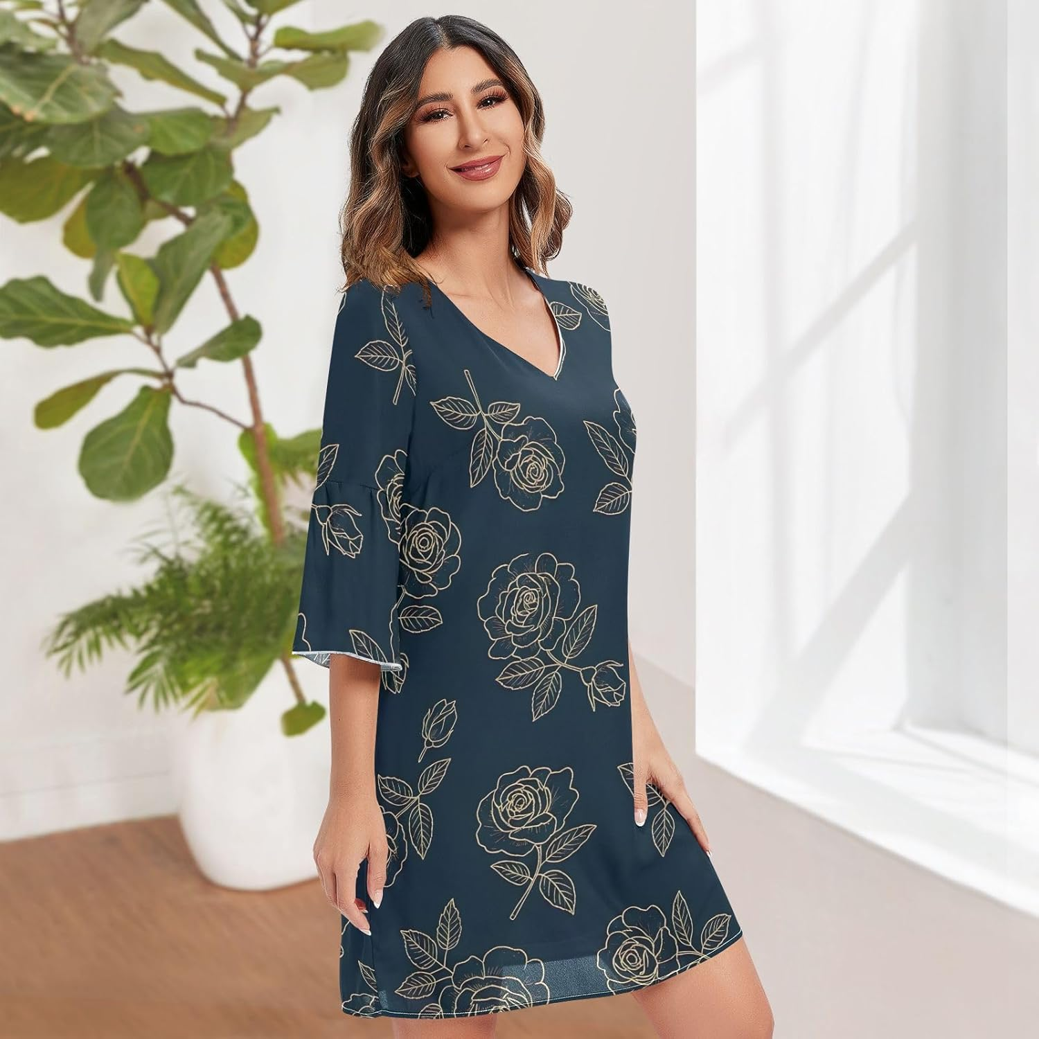 Elegant Rose Gold Navy Short Summer Dress Printed Line Maternity Dress image number 4