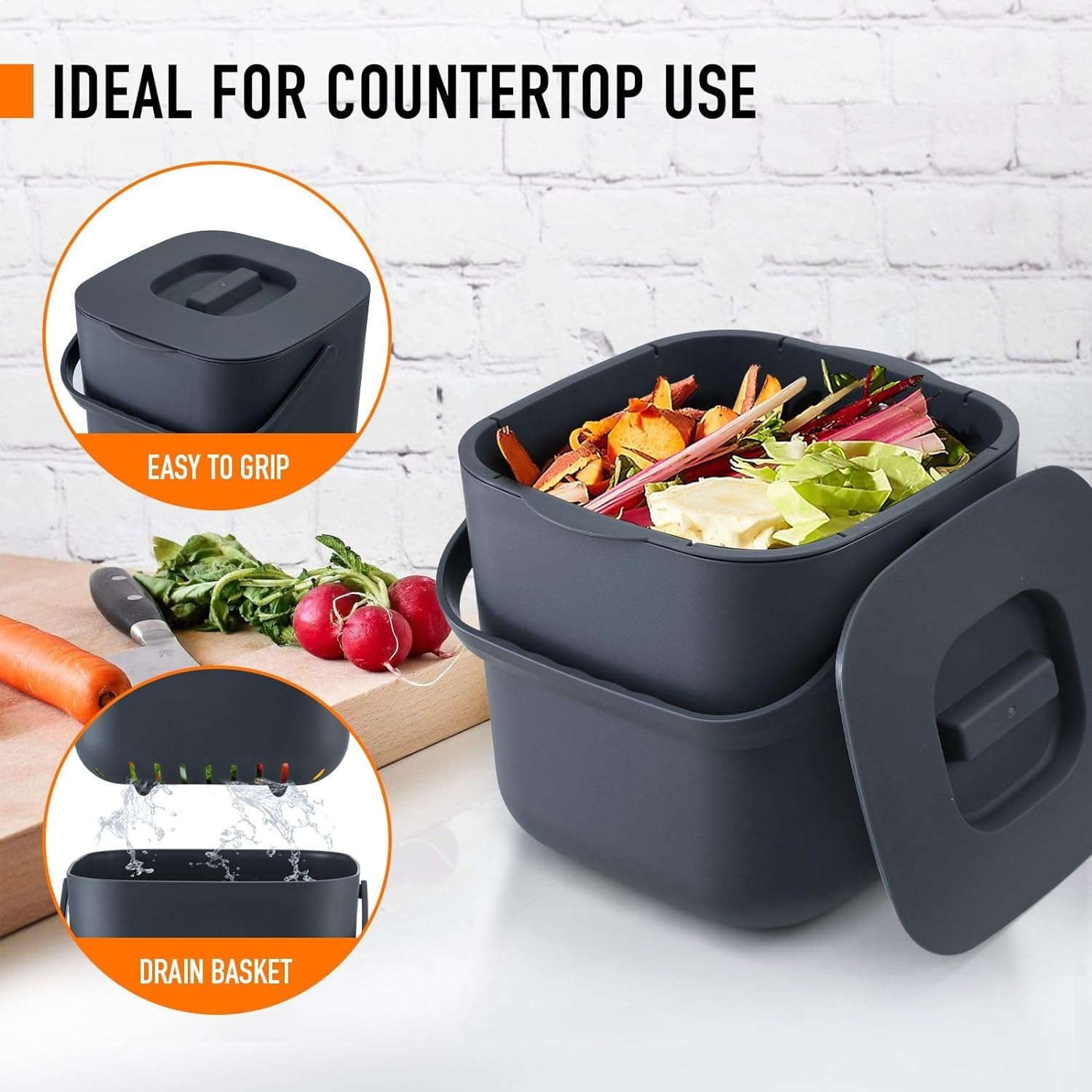 7L Kitchen Compost Bin Plastic Rubbish Waste Bin Countertop Dustbin Trash Can with Detachable Inner Bucket Dark Grey image number 1