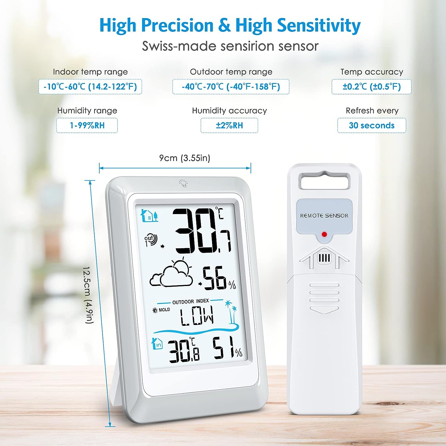 AMIR Wireless Weather Station with Outdoor Sensor, Humidity Monitor Wireless, Outdoor Indoor Thermometer Hygrometer Room Thermometer Wireless with Weather Forecast, Digital Thermometer with Backlight image number 2