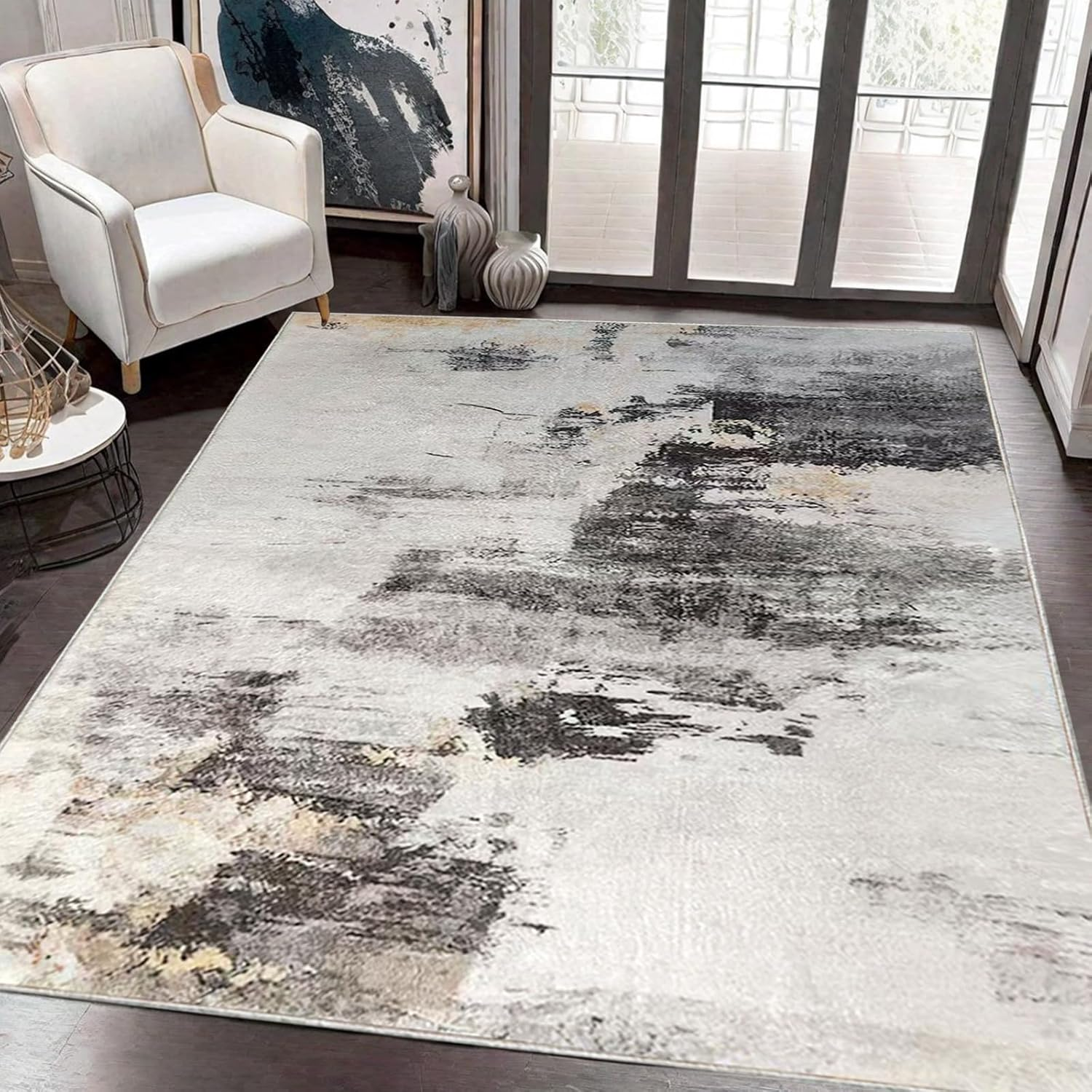 Asiinnsy Area Rug Rugs Living Room Rugs Abstract Large Rug Short Pile Soft Morden Rugs Carpet for Bedroom Anti-Slip Carpets (Abstract Lvory/Multi, 200 * 250Cm)