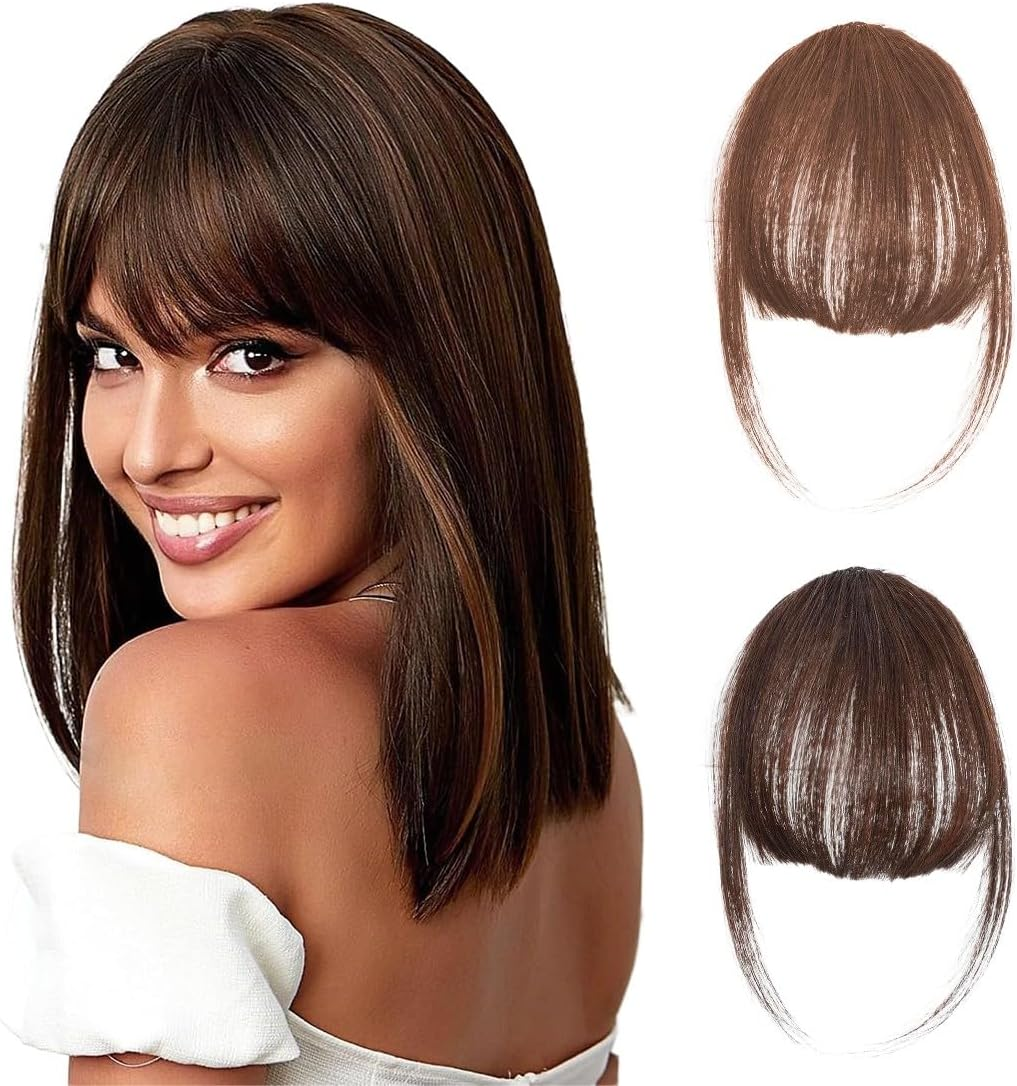 JEYORZY Pack of 2 Clip-In Fringe, Clip on Air Bangs, French Fringe, One Piece Wig with Natural Bangs, Hair Bangs for Women, Bangs Extension for Women'S Wigs (Dark Brown and Light Brown) image number 2