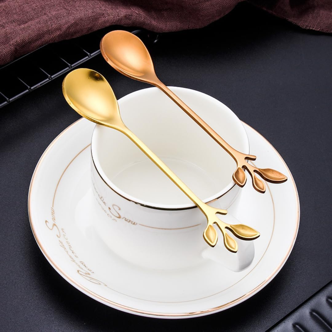 Creative Leaf Tableware Set of 12, 4 Piece Stainless Steel Demitasse Espresso Spoons + 4 Piece Appetizer Fork + 4 Piece Dessert Knives for Bar Caf&eacute; Teaspoons for Cappuccino, Dessert, Fruit, Cake - Golden image number 2
