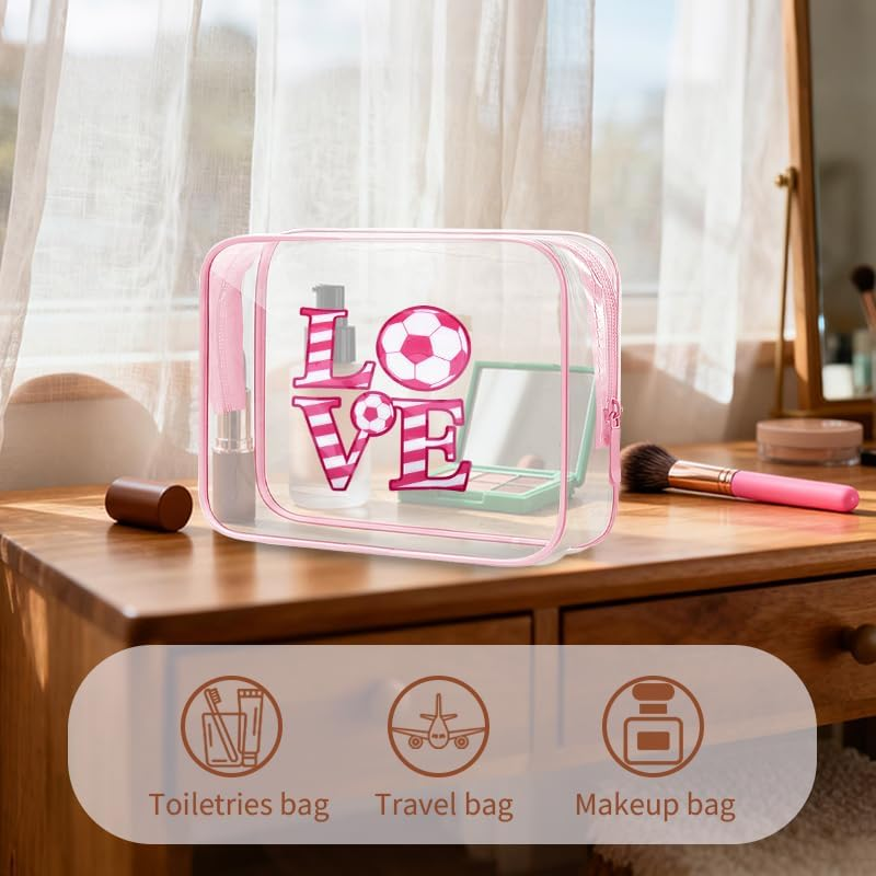 Pink Soccer Gifts Women Girls Pink Soccer Cosmetic Makeup Bag with Sport Hair Scrunchies PVC Clear Football Cosmetic Bags for Coach Players Team Christmas Party image number 5