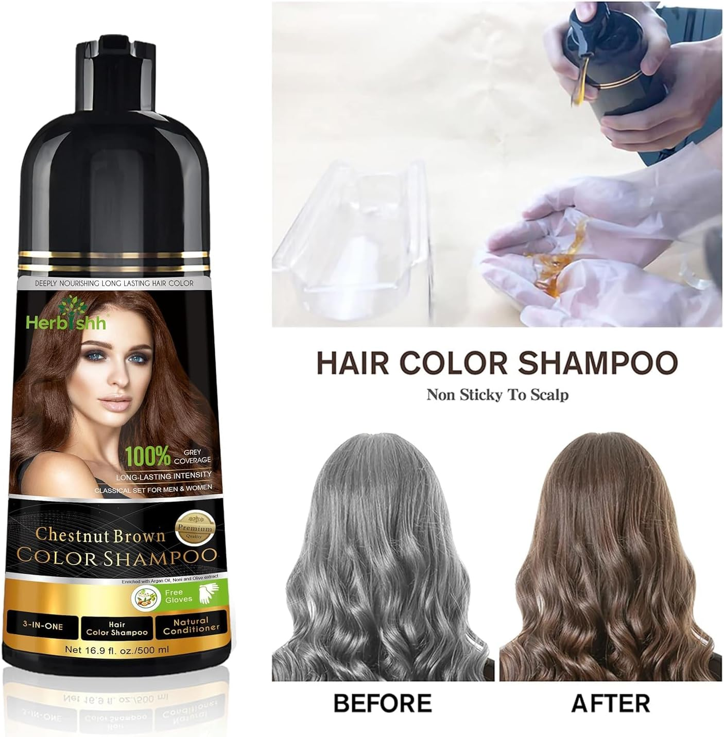 Herbishh Hair Color Shampoo (Chestnut Brown) + Hair Growth Serum | 3-In-1 Gray Hair Dye Shampoo &ndash; Ammonia-Free | Hair Serum for Fuller Hair & Healthy Scalp | Hair Care Combo &ndash; 500Ml