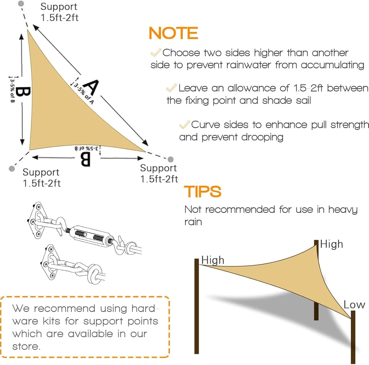 Sun Shade Sail Canopy, with Hardware Kits,95% UV Blockage Waterproof, Patio Shade Cloth Outdoor Cover - for Garden, Pergola, Backyard,Swimming Pool (4*4*4M, Triangle) image number 3