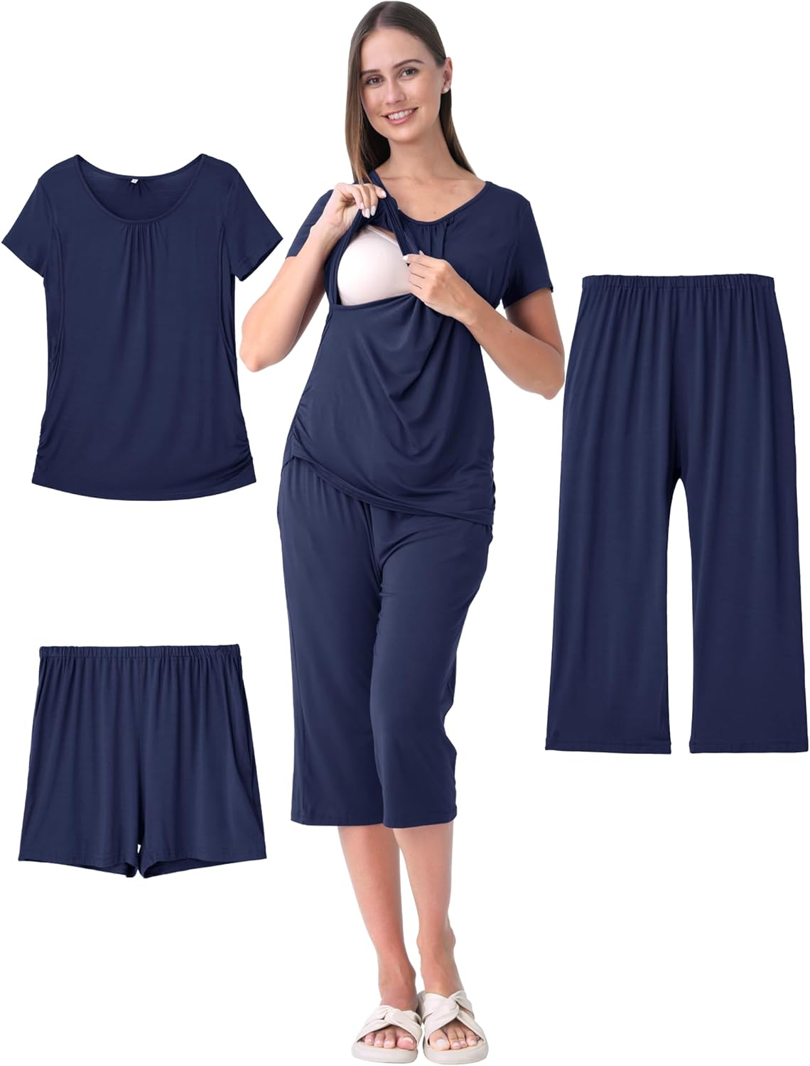 3 Piece Maternity Nursing Pajamas Set for Women Breastfeeding Shirts Pjs Postpartum Shorts&Capri Pants Pockets image number 2