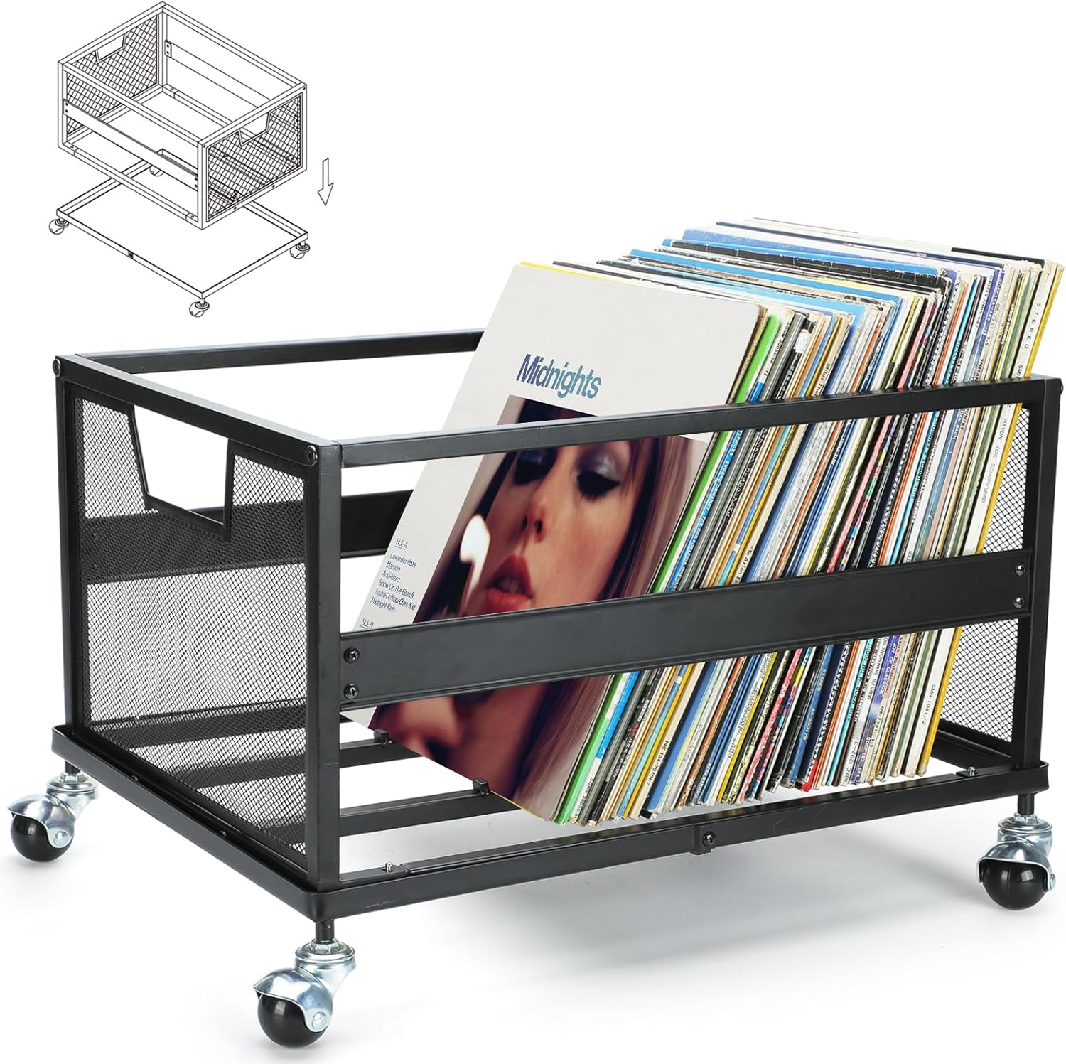 Playboda Metal Vinyl Record Storage Crate with Wheels, Vinyl Record Holder for Albums, Vinyl Record Storage Rack - Holds up to 100 LP, Stylish Organizer for Your Vinyl Record Collection image number 3