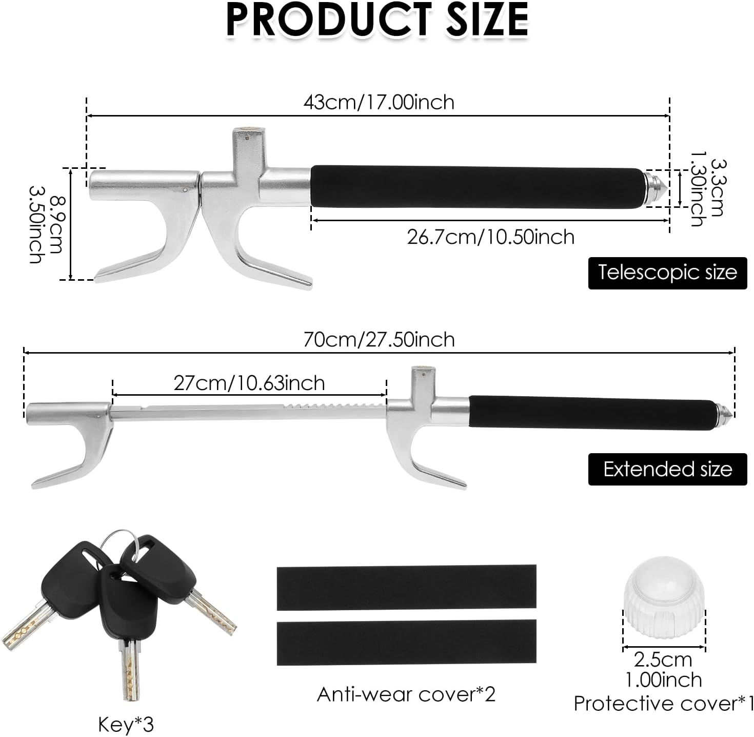 Car Steering Wheel Lock Retractable Wheel Locks Universal Adjustable anti Theft Steering Wheel Lock with 3 Keys and Safety Hammer for Cars Suvs Trucks (Black, 1Pc) image number 5