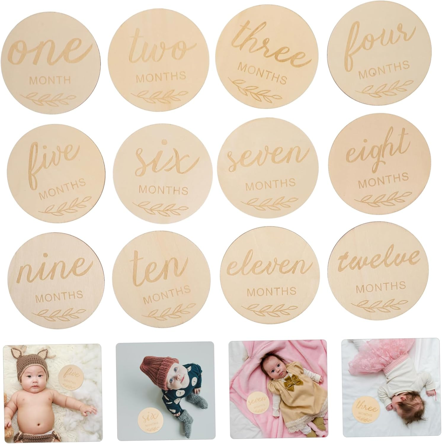 KONTONTY 12Pcs Wooden Milestone Cards Newborn Growth Wooden Discs Double Sided Photo Props Decorative Milestone Discs for Capturing Special Moments image number 1