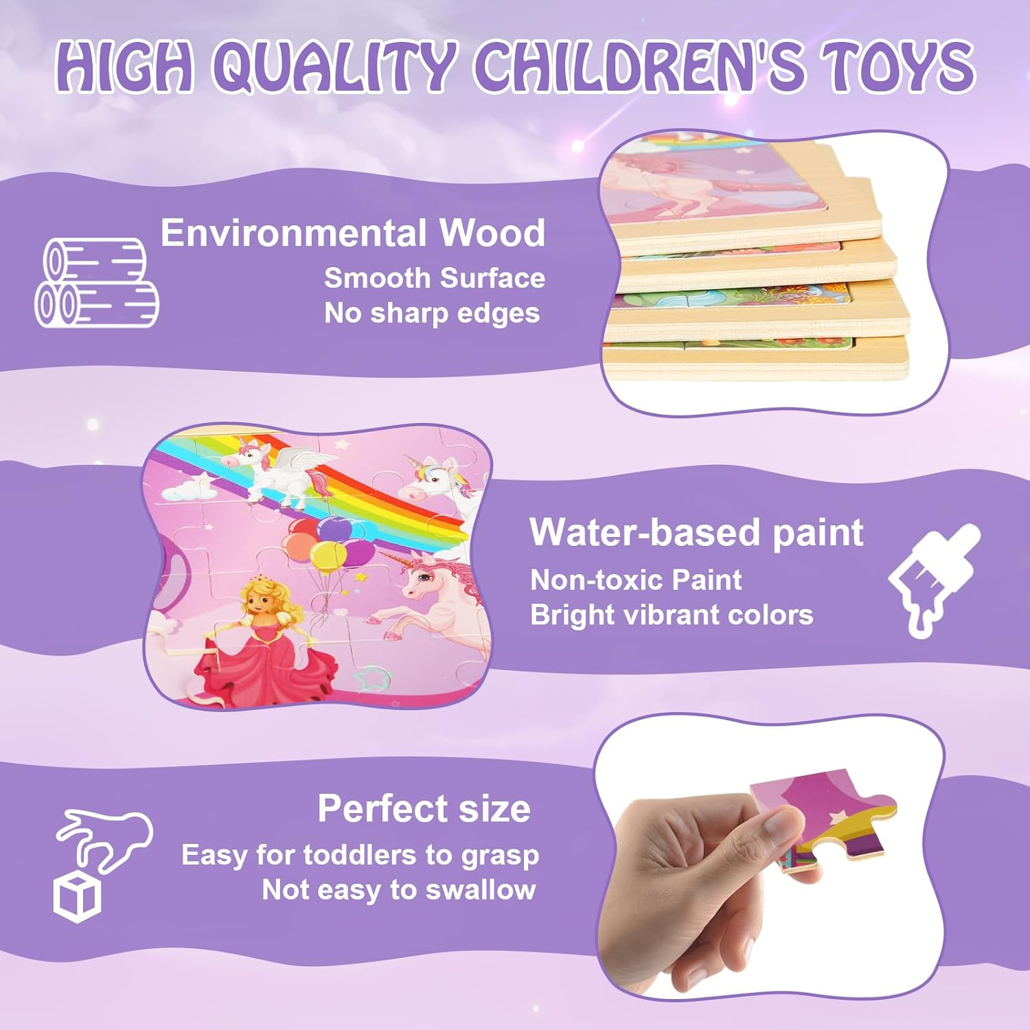 Wooden Puzzles Toys for Kids Ages 3-5, Set of 4 Packs with 20-Piece Unicorn Mermaid Princess Wood Jigsaw Puzzles, Preschool Educational Brain Teaser Toys for Girls 3 4 5 6 Years Old. - Princess image number 2