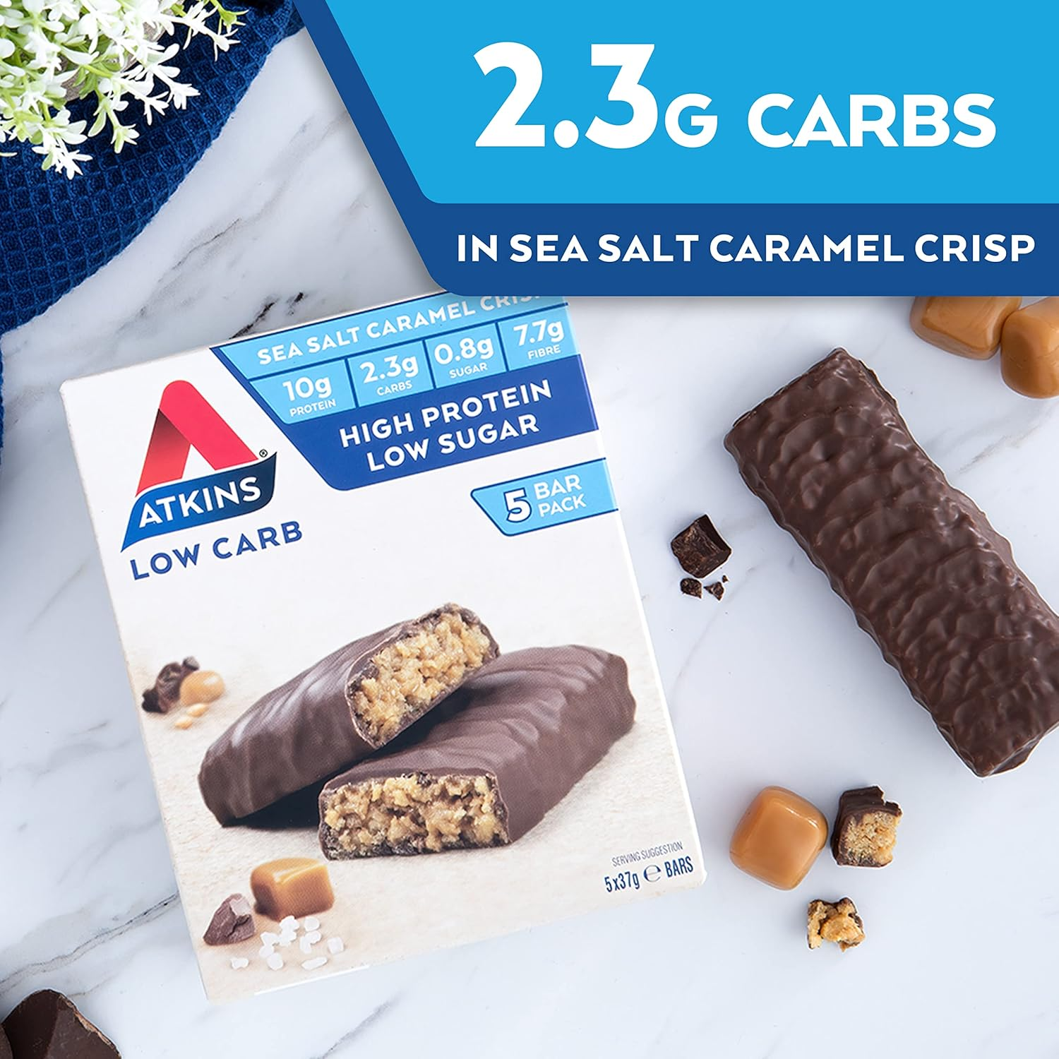 Atkins Sea Salt Caramel Crisp Bars, High Protein and Fibre, 185 G, Pack of 5
