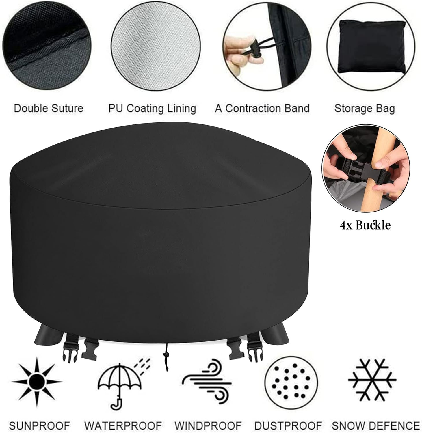 Fire Pit Cover round 101CM BBQ Cover Outdoor Waterproof Firepit Cover Patio Fire Table Cover Outdoor 40 Inch round Fire Bowl Cover for Garden, Lawn, Heavy Duty 600D - 101X101X50Cm image number 5