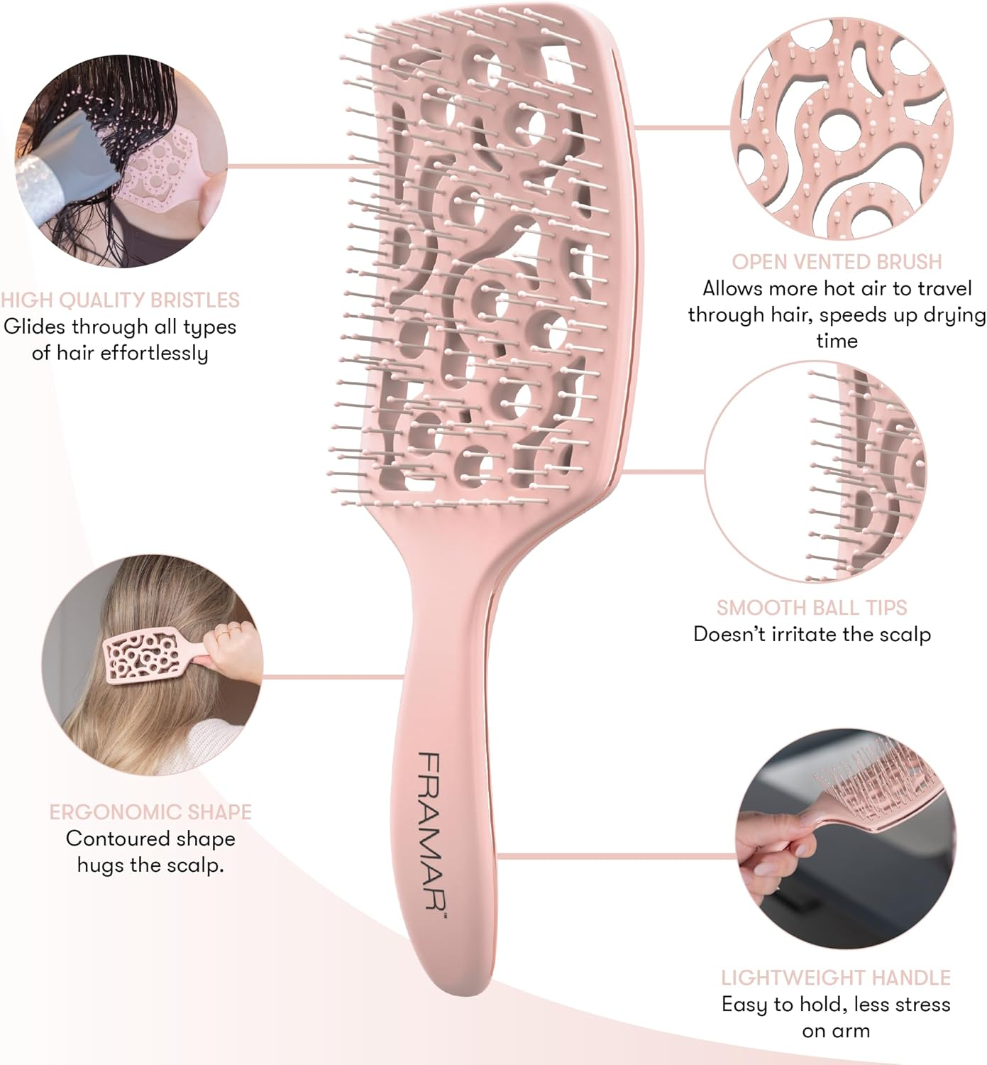 FRAMAR Professional Vented Hair Brush Paddle Curved Hair Brush for Blow Drying, Wet Paddle Brush for Women Blow Drying image number 5