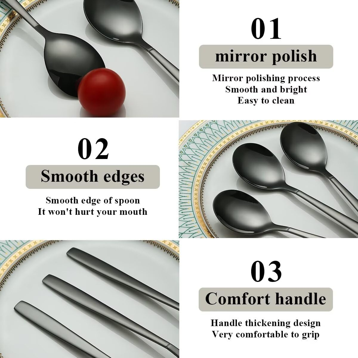 Berglander Black Spoon 12, Stainless Steel Titanium Shiny Black Electroplated Spoon Cutlery, Black Spoon Table Spoon Set - 3. Gold image number 5
