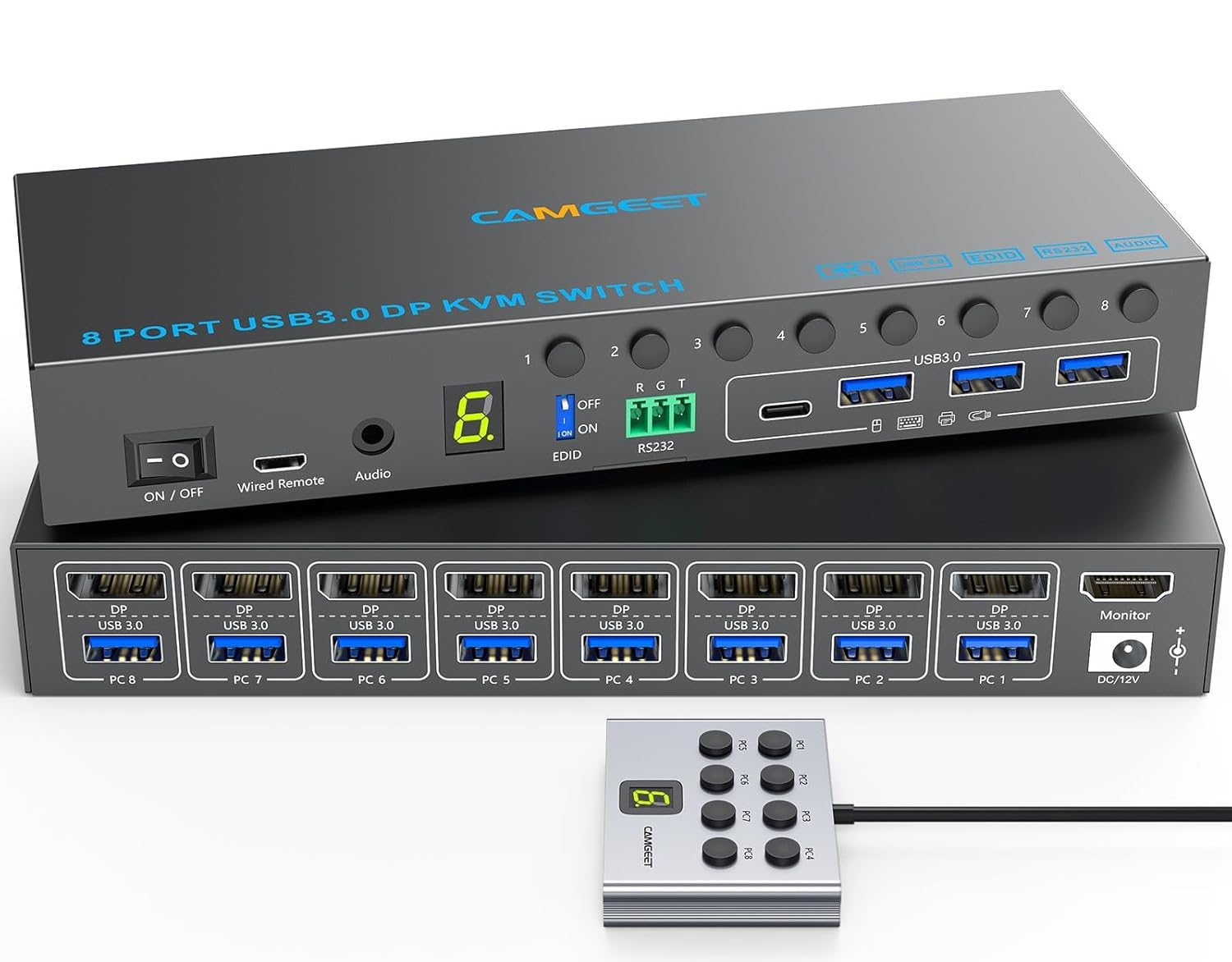 8 Port Displayport KVM Switch 4K@60Hz EDID Simulation, USB3.0 KVM Switch Displayport for 8 Computers Share 1 Monitor and 4 USB Devices,Kvm Switches with Audio RS232 Wied Remote 12V Power and USB Cable image number 3
