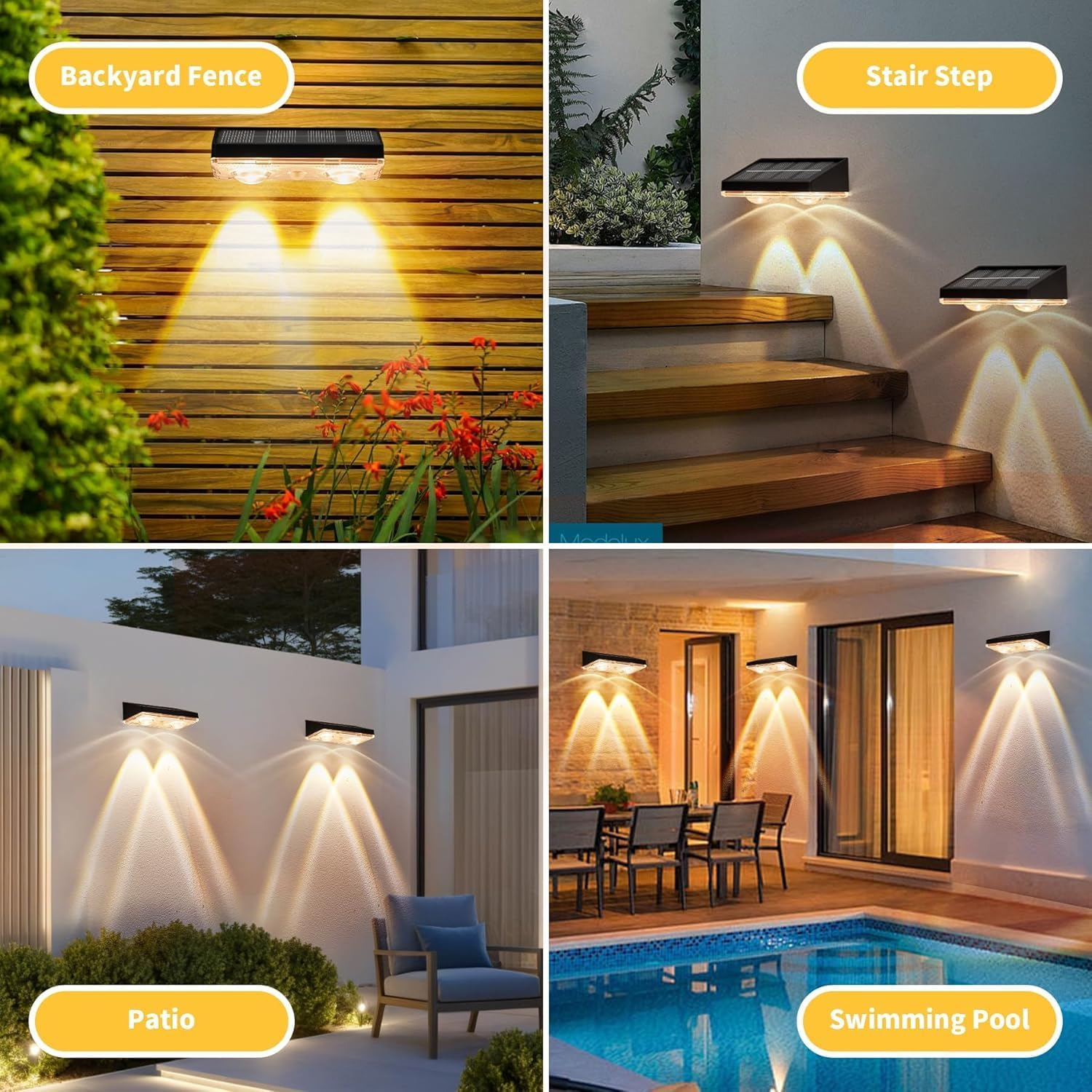 Outdoor Solar Wall Lights, 8 Pack Solar Fence Lights Warm White & 11 RGB Modes Waterproof Wireless Stick on Wall Lamps for outside Garden Backyard Deck Stair Yard Railing Patio D&eacute;cor(Black) image number 6