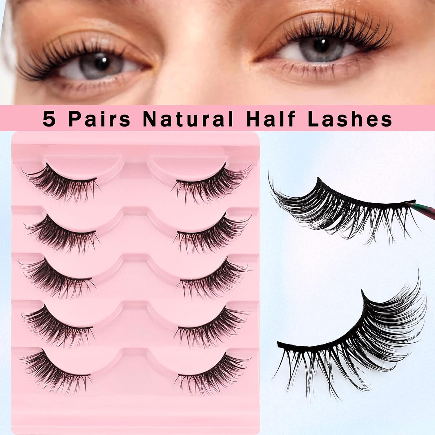 5 Pairs of Half Eyelashes, Cat Eye, 15 Mm Short Cat'S Eye Artificial Eyelashes, Natural Look, 1/2 Corner Curly False Eyelashes Set, 3/4 Corner Eyelashes (A02) image number 1
